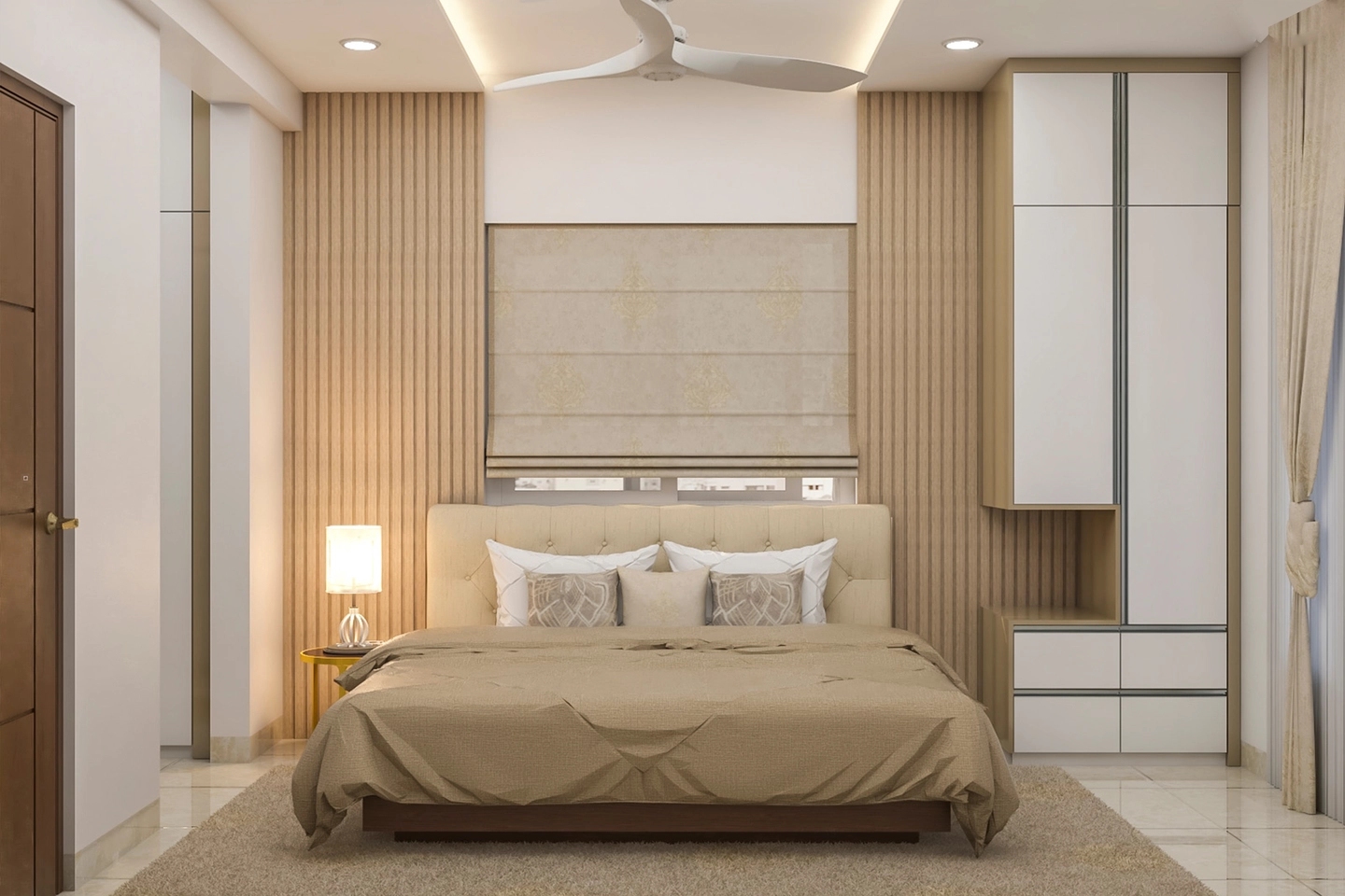 Brown Modern Spacious Master Bedroom Design With Fluted Wall Panels