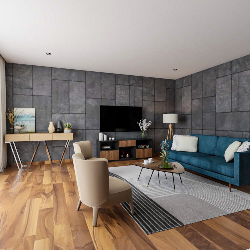Grey Wall Design With Wall Panels For Living Room | Livspace