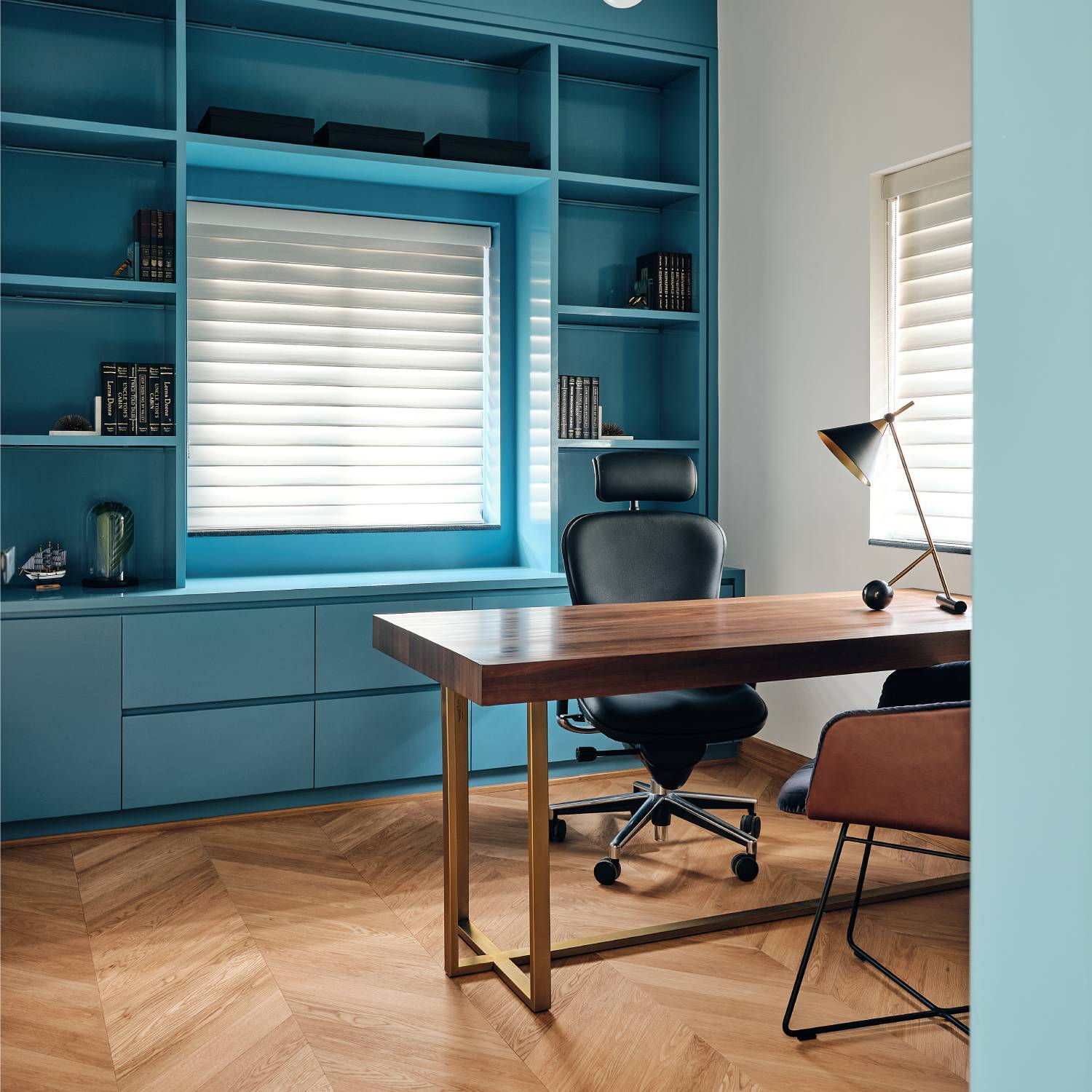 Spacious Home Office Design With Blue Wall Storage | Livspace