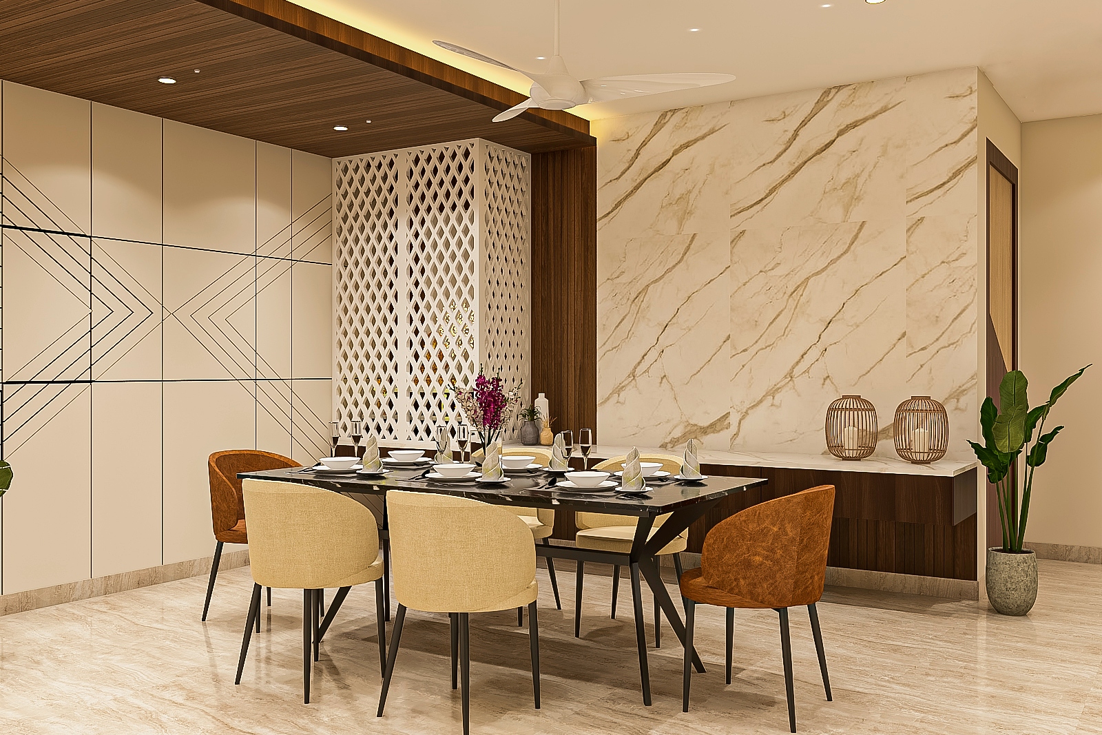 Spacious Dining Hall Design With Marble Wall And Floor Tiles | Livspace