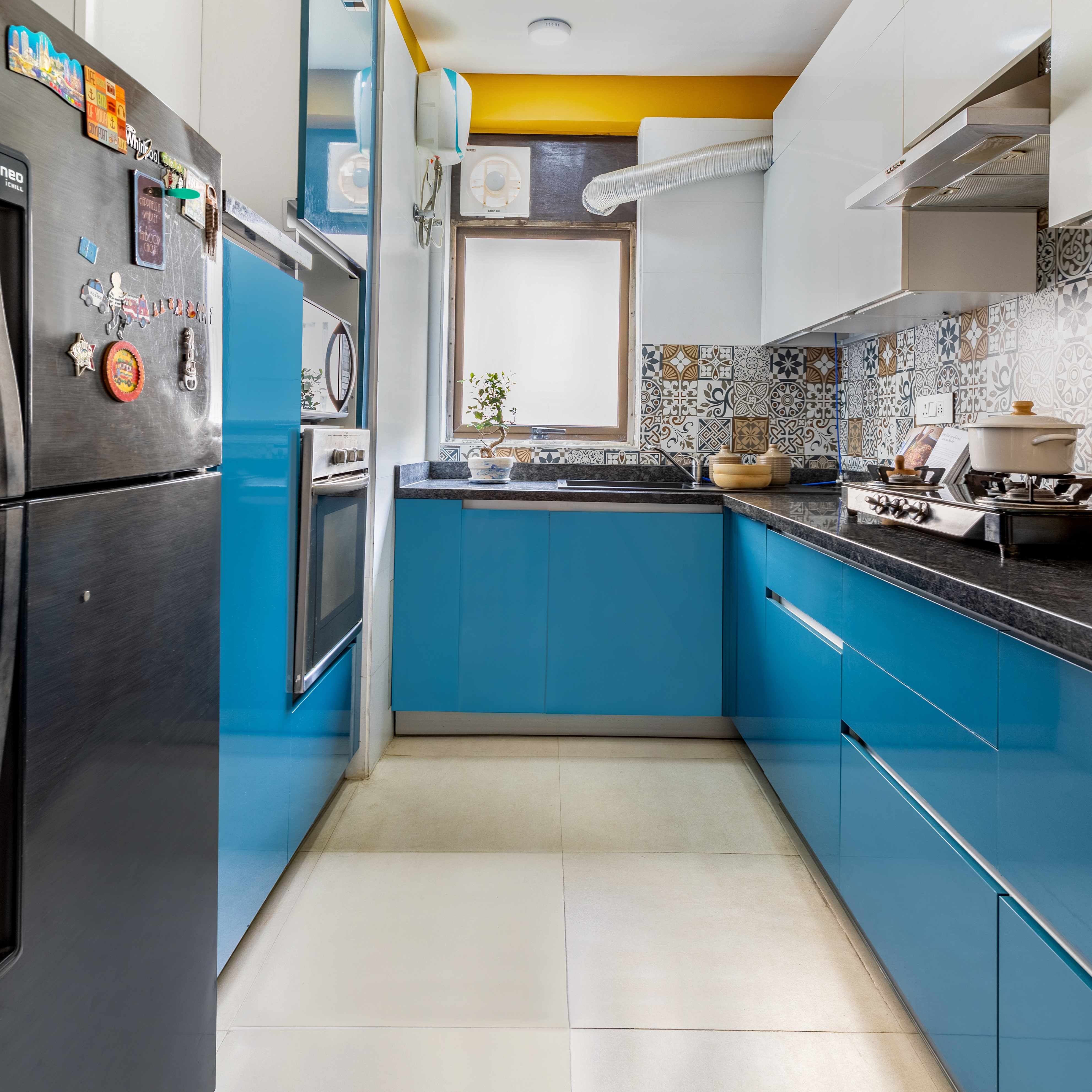 Compact Blue And Brown Kitchen Tile Design Livspace