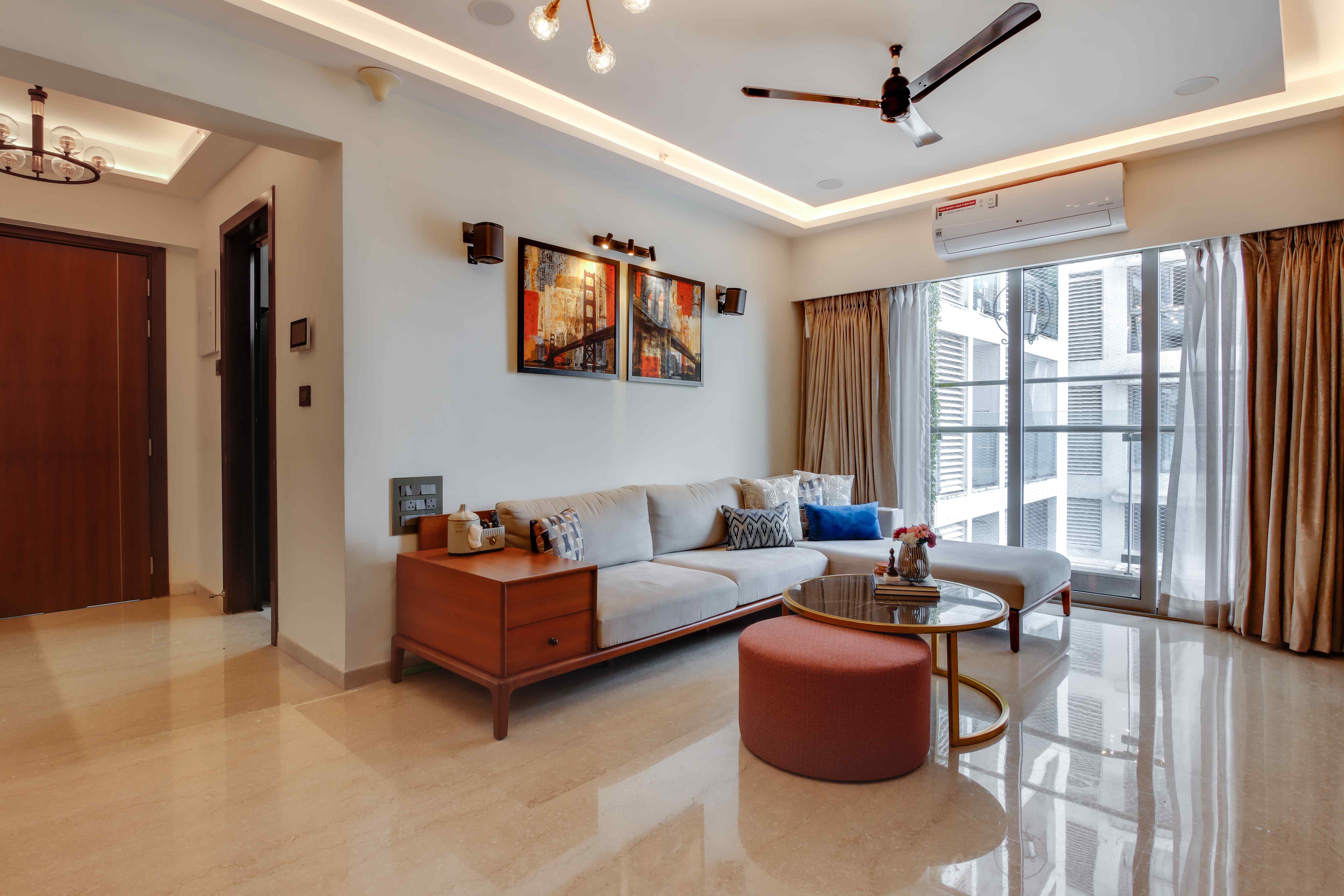Elegant Living Room Tile Design With Travertine Marble | Livspace