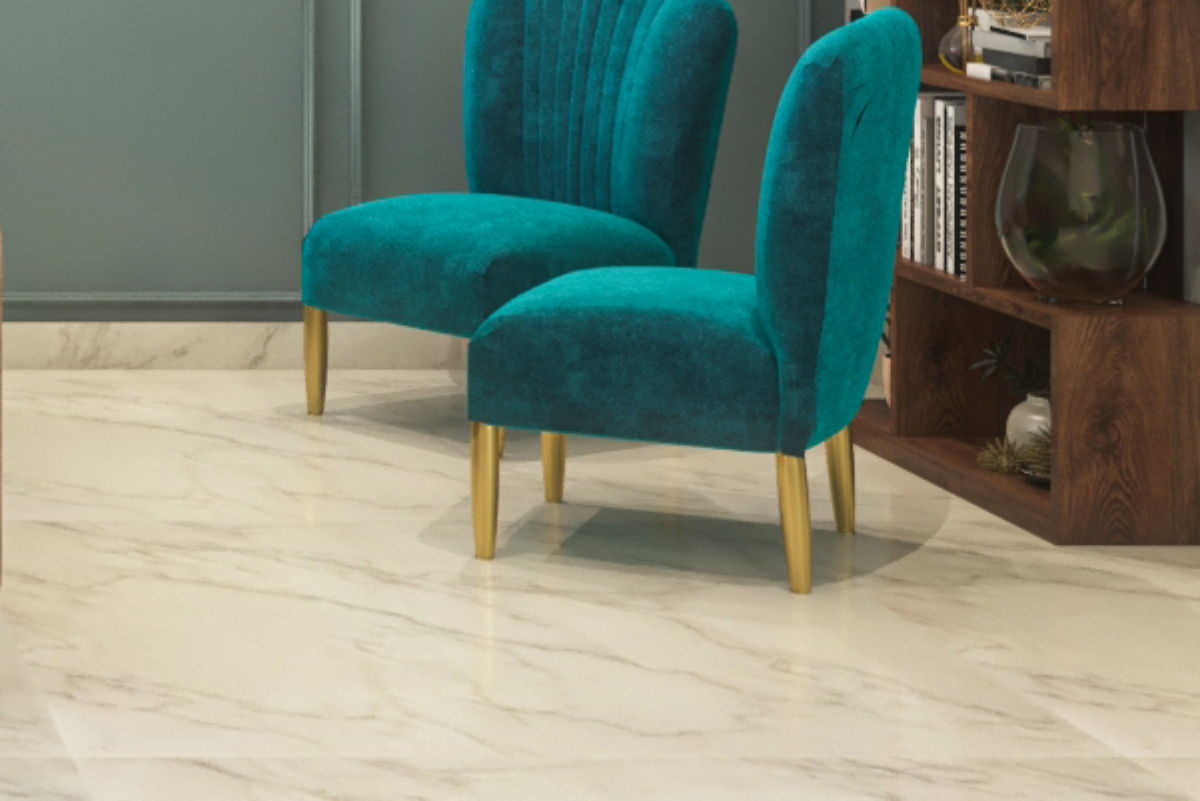 Compact Living Room Tile Design With Glossy Marble Tiles | Livspace
