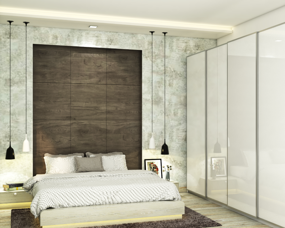 Grey Bedroom Wall Design With Wooden Panels | Livspace