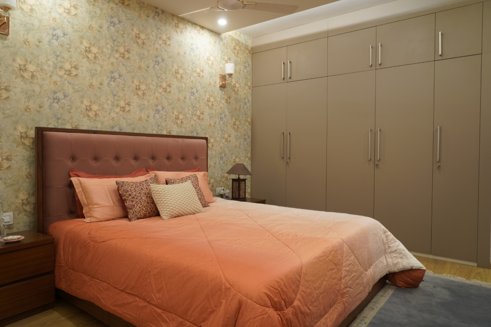 Beige Floral Wallpaper Design For Bedrooms | Livspace