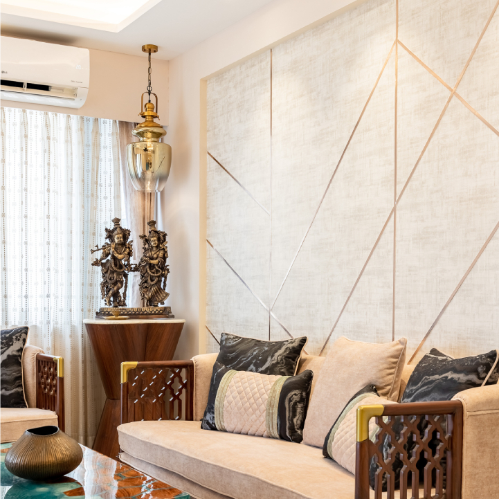 Image showcasing Textured Wallpaper Design For Living Room With Golden Inlays | Livspace
