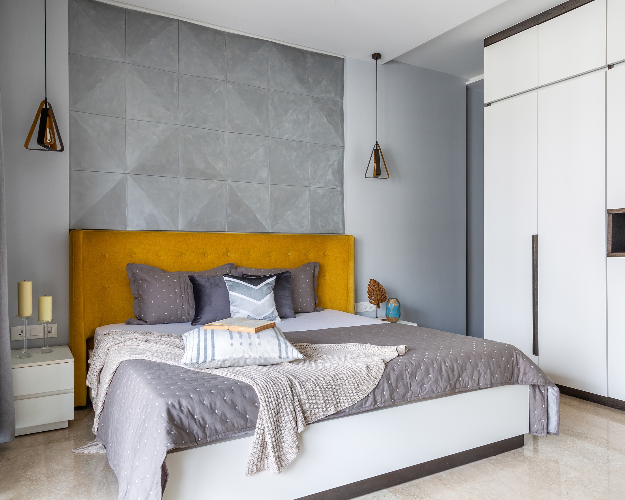 Light Bedroom Wallpaper With A Geometric Pattern Livspace