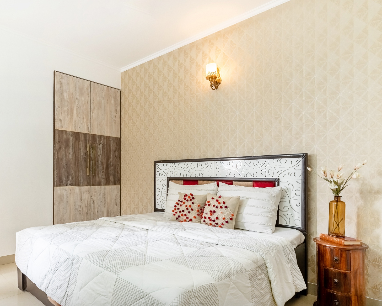 Patterned Bedroom Wallpaper With Wall Sconce Livspace