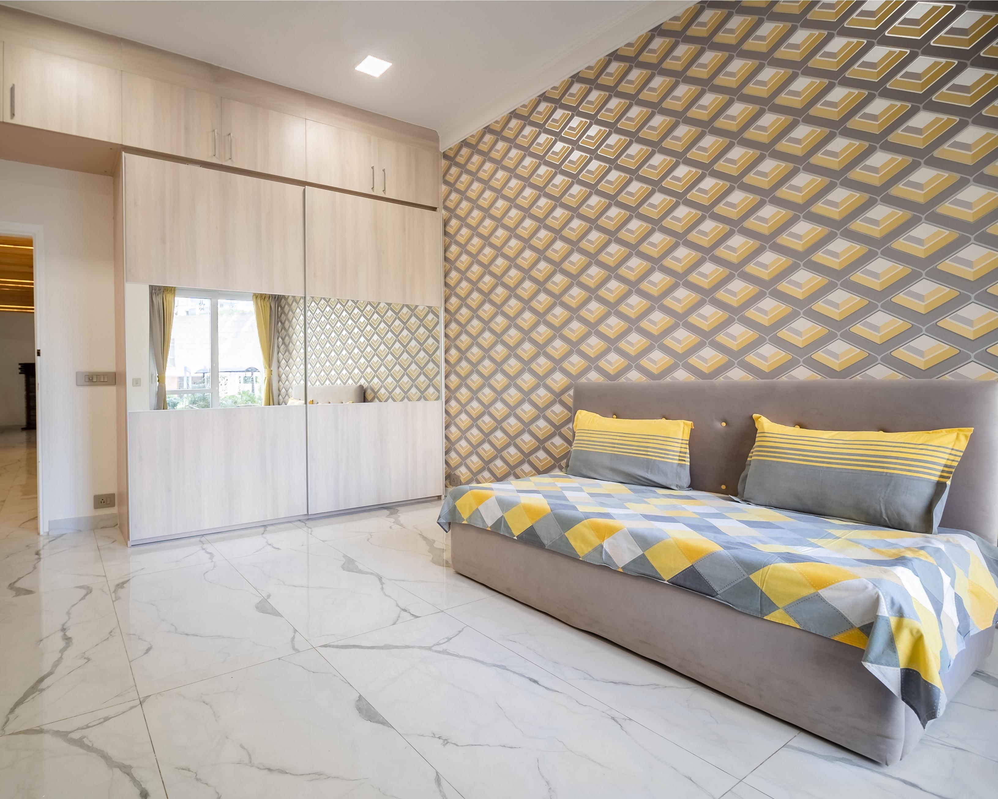 Patterned Bedroom Wallpaper With A Warm Palette Livspace