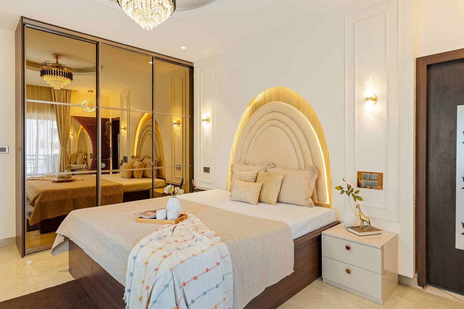 Master Bedroom Design with Modern Arched Backlit Headboard and Mirrored ...