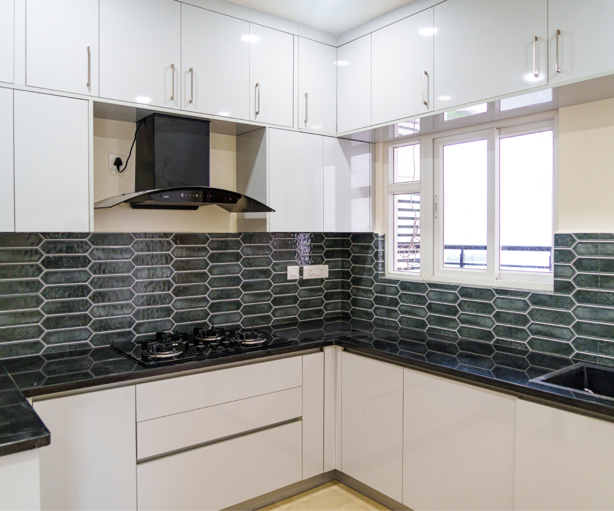 Modern U-Shaped Kitchen Design With White Cabinets and Dark Backsplash ...