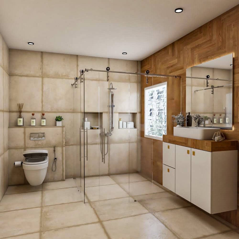 Beige And Brown Bathroom Ideas With White Cabinet And Wooden Bathroom ...