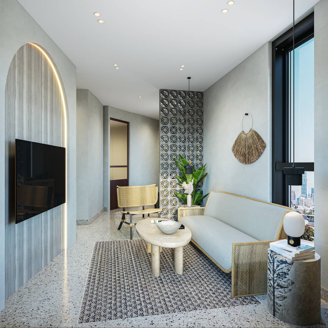 Compact Living Room Design With Glossy Mosaic Patterned Flooring Tiles ...