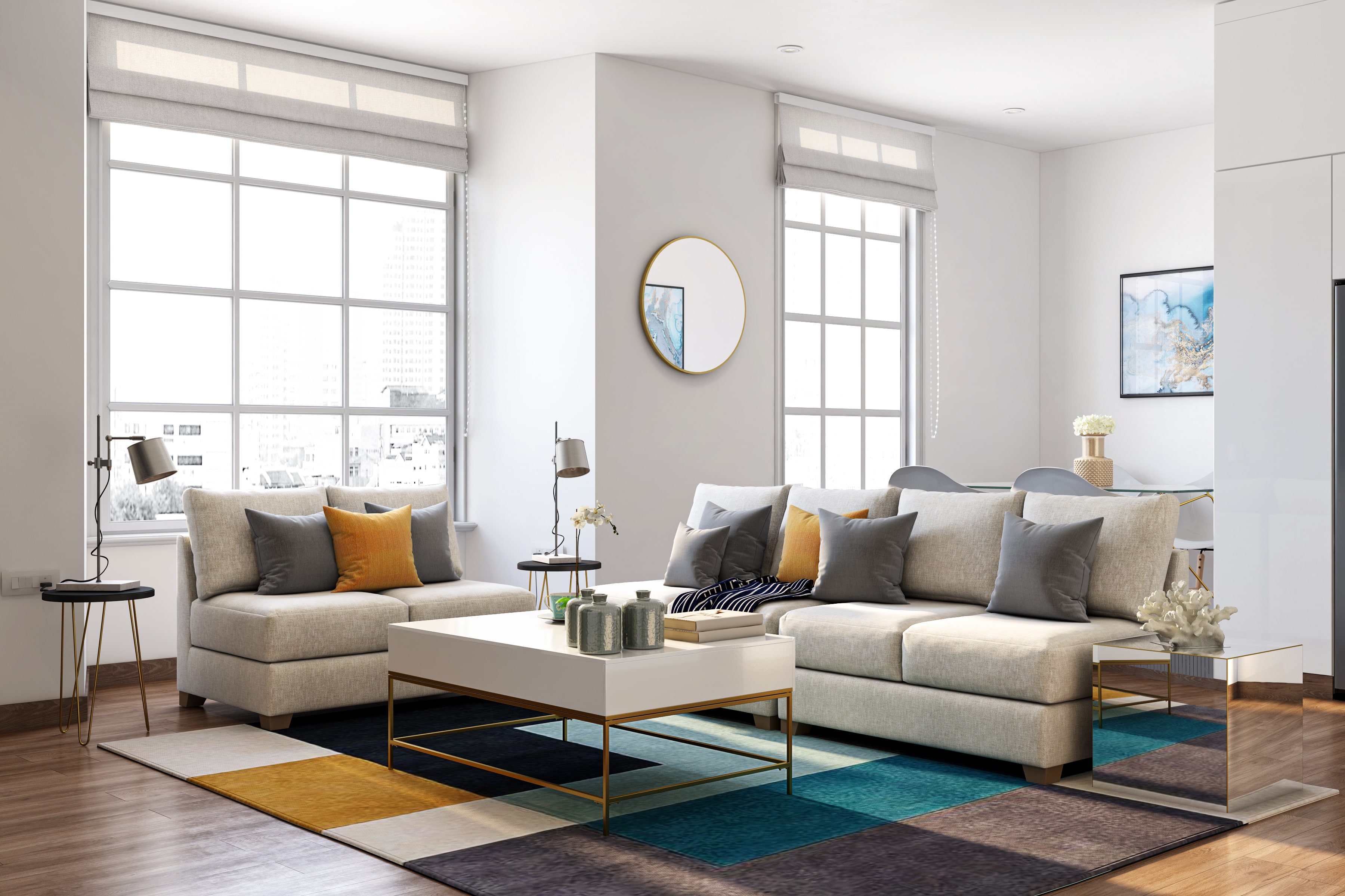 Просторная гостиная в современном стиле с окаймленными окнами