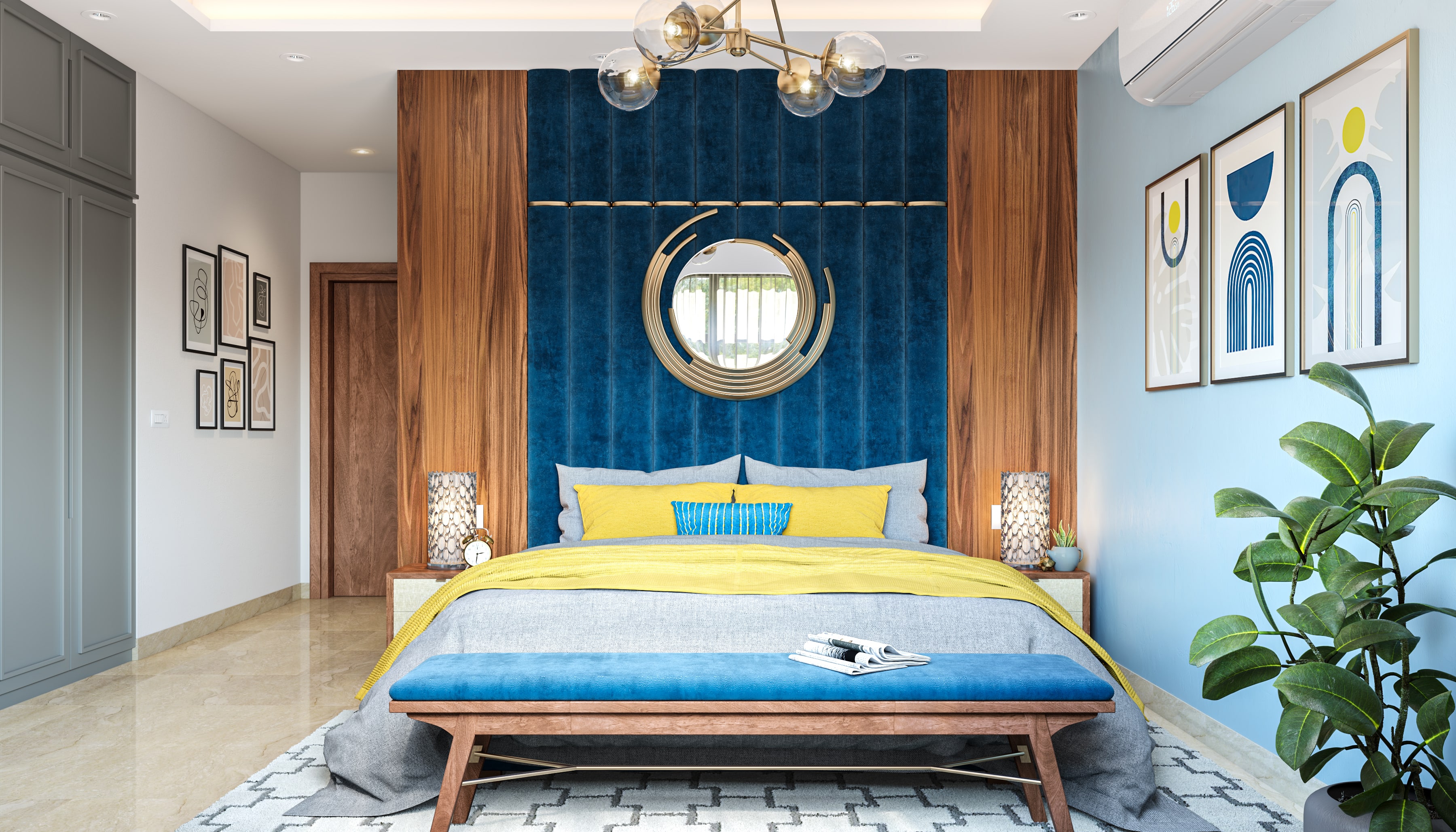 Eclectic Master Bedroom With Blue Tufted And Wooden Accent Wall | Livspace