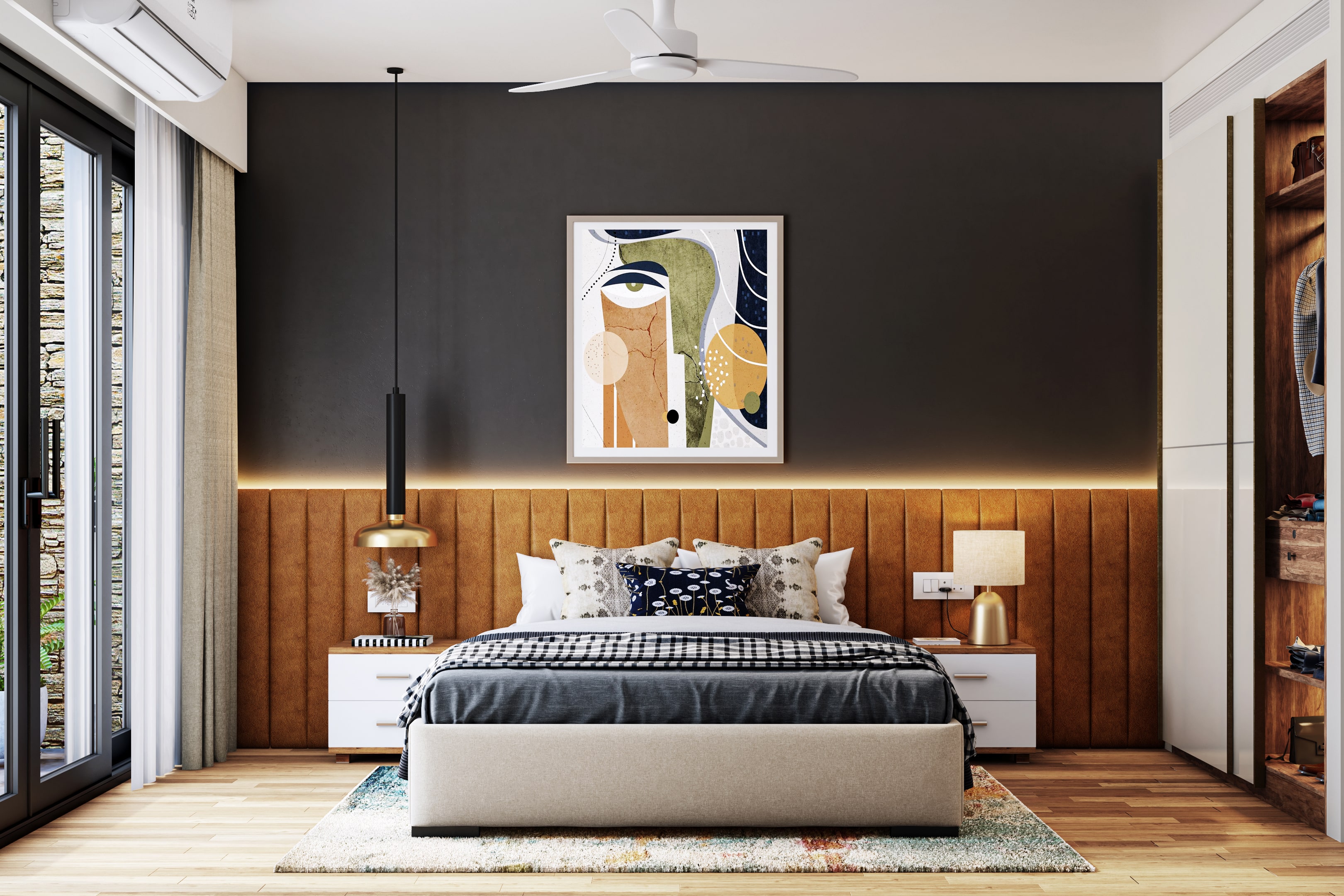 Spacious Master Bedroom Design With Tufted Leather Headboard And LED ...