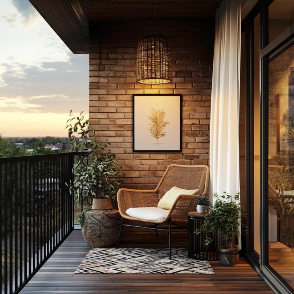 Image showcasing Rustic Balcony Design with Exposed Brick Wall and Wooden Deck | Livspace