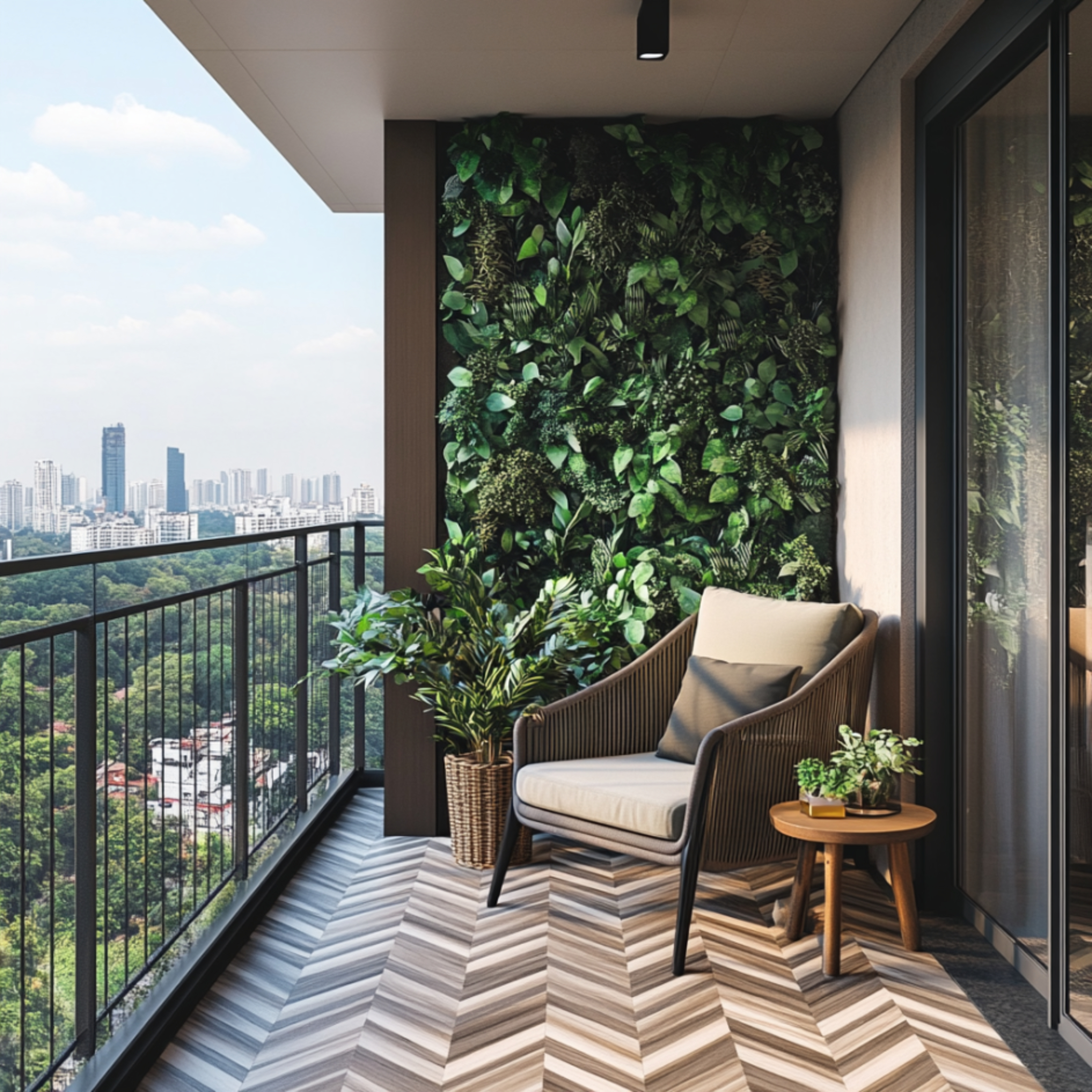 Contemporary Balcony Design With Chevron Flooring and Green Wall | Livspace