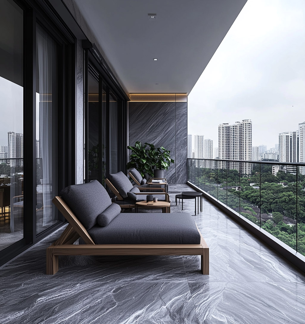 Balcony Design with Modern Veined Marble Walls and Outdoor Lounging ...