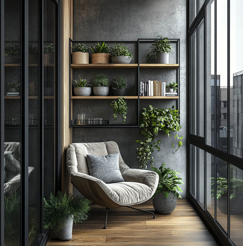 Industrial Balcony Design With Concrete Wall and Wooden Slat Details ...