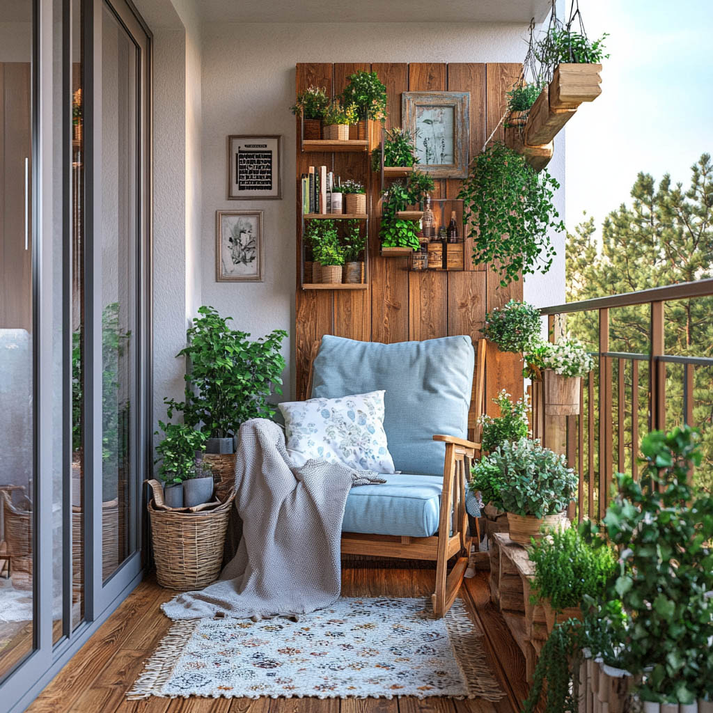 Modern Balcony Design With Hanging Plants, Wooden Panels and Metal ...