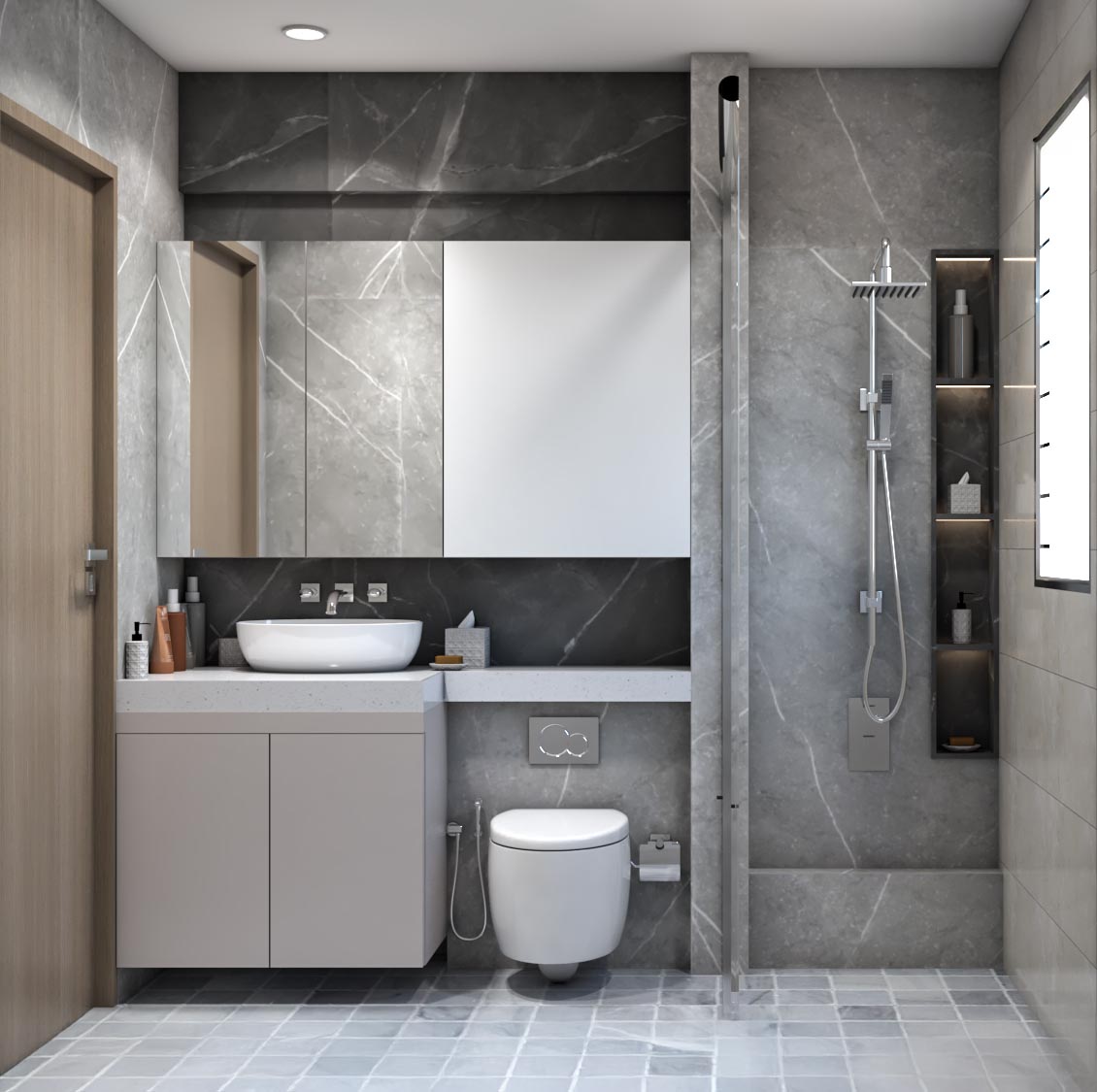 Quartz Countertop Modern Bathroom Design With Grey Tiles and Lighting