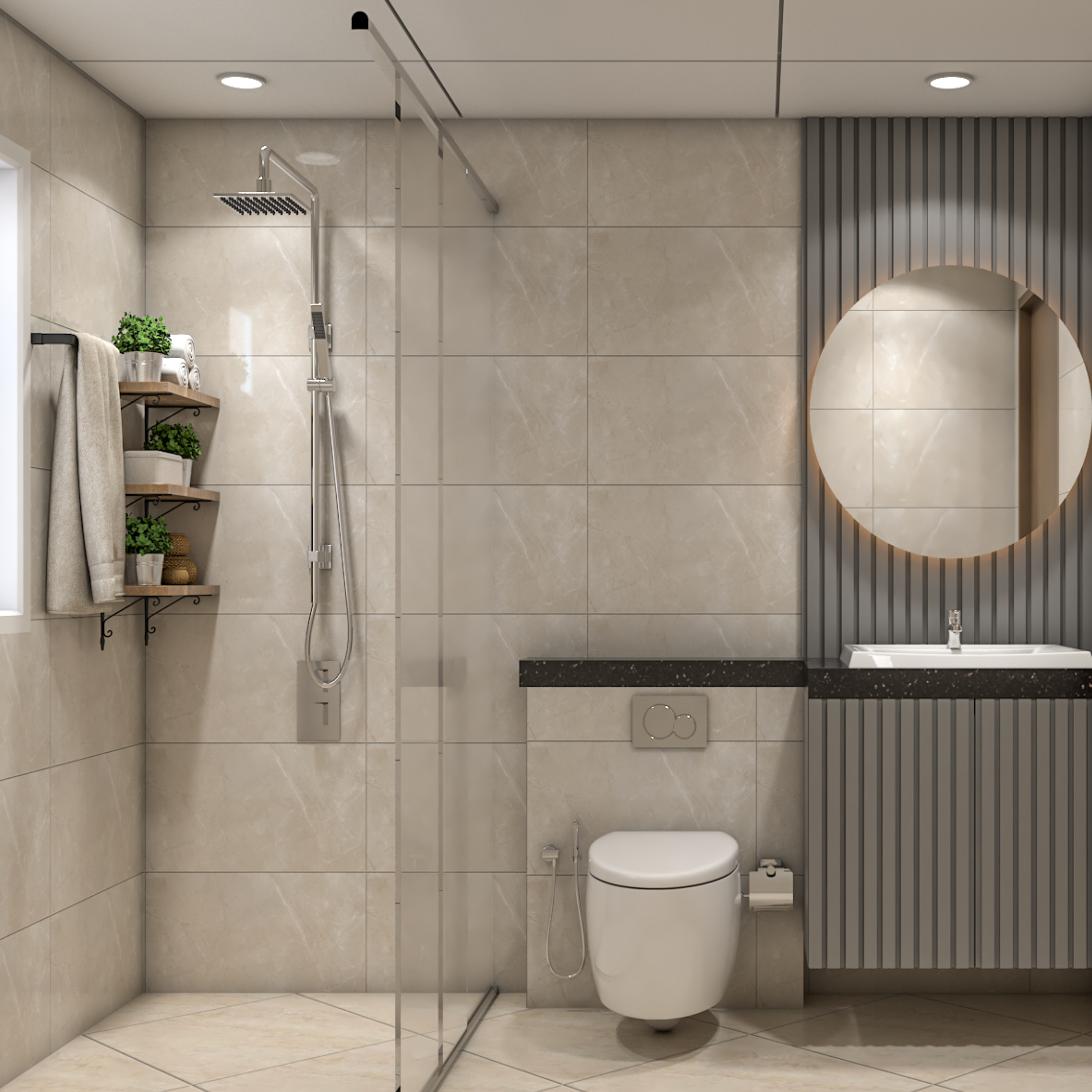 Modern Bathroom Design with Seamless Shower, Backlit Round Mirror and ...