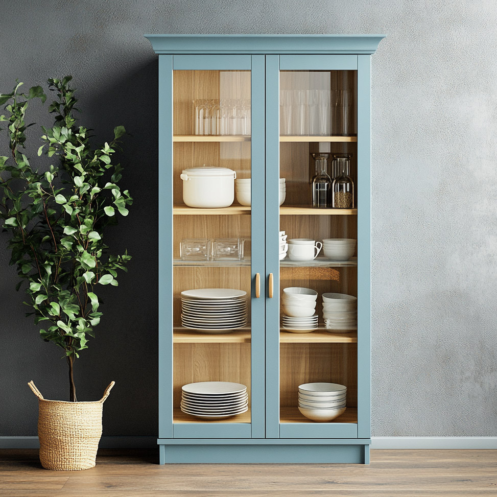 Modern Crockery Unit Design in Denim Suedette with Glass Shutter Doors ...