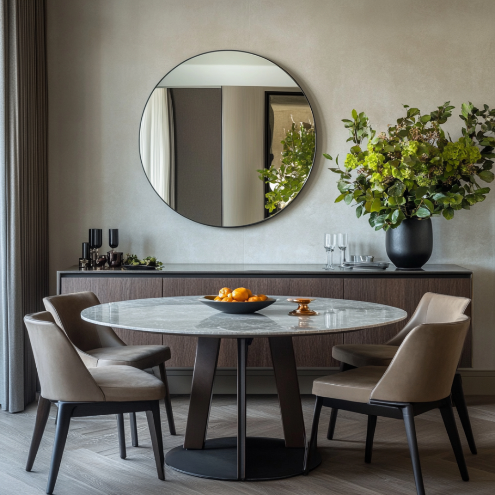 Dining Room Design With Contemporary 4-Seater Velvet Chairs and Round ...
