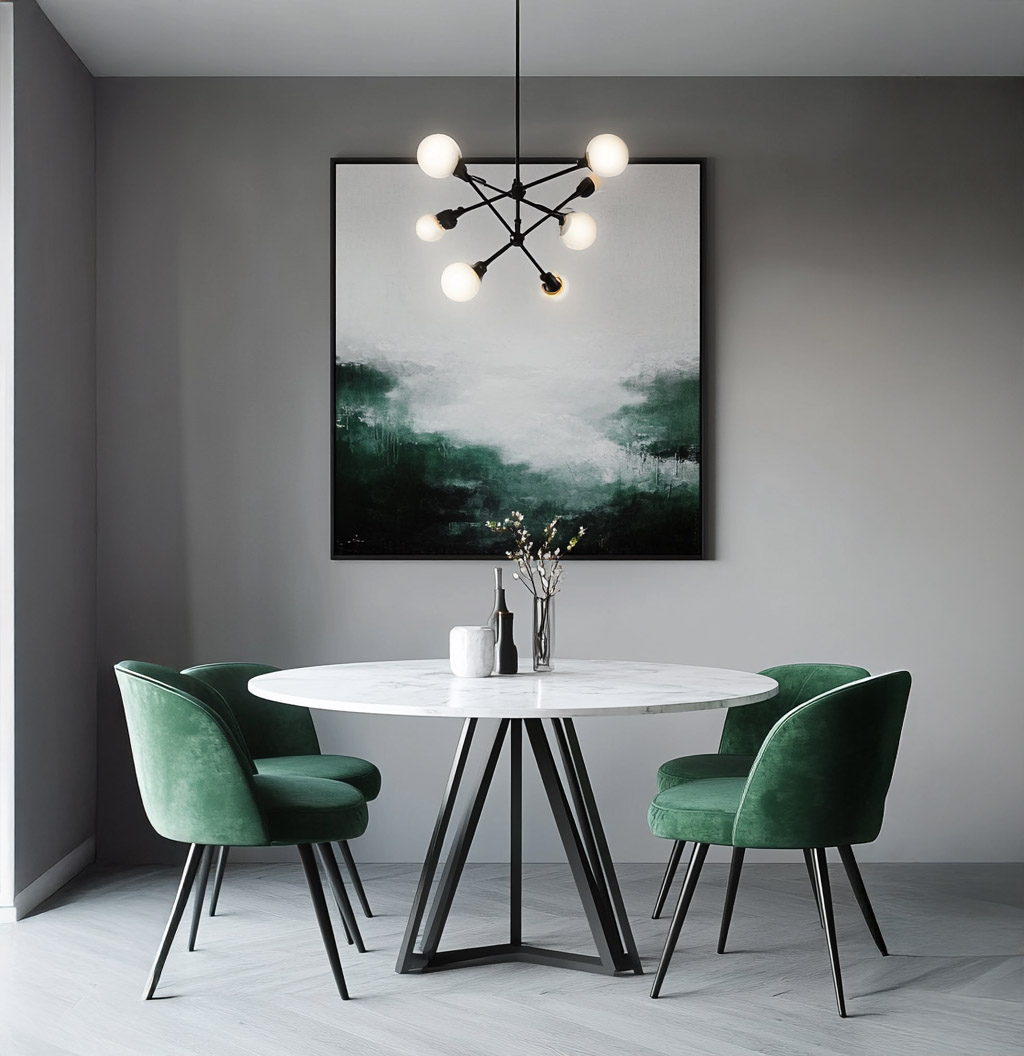 Modern Dining Room Design with Green Velvet Chairs and Marble Table ...