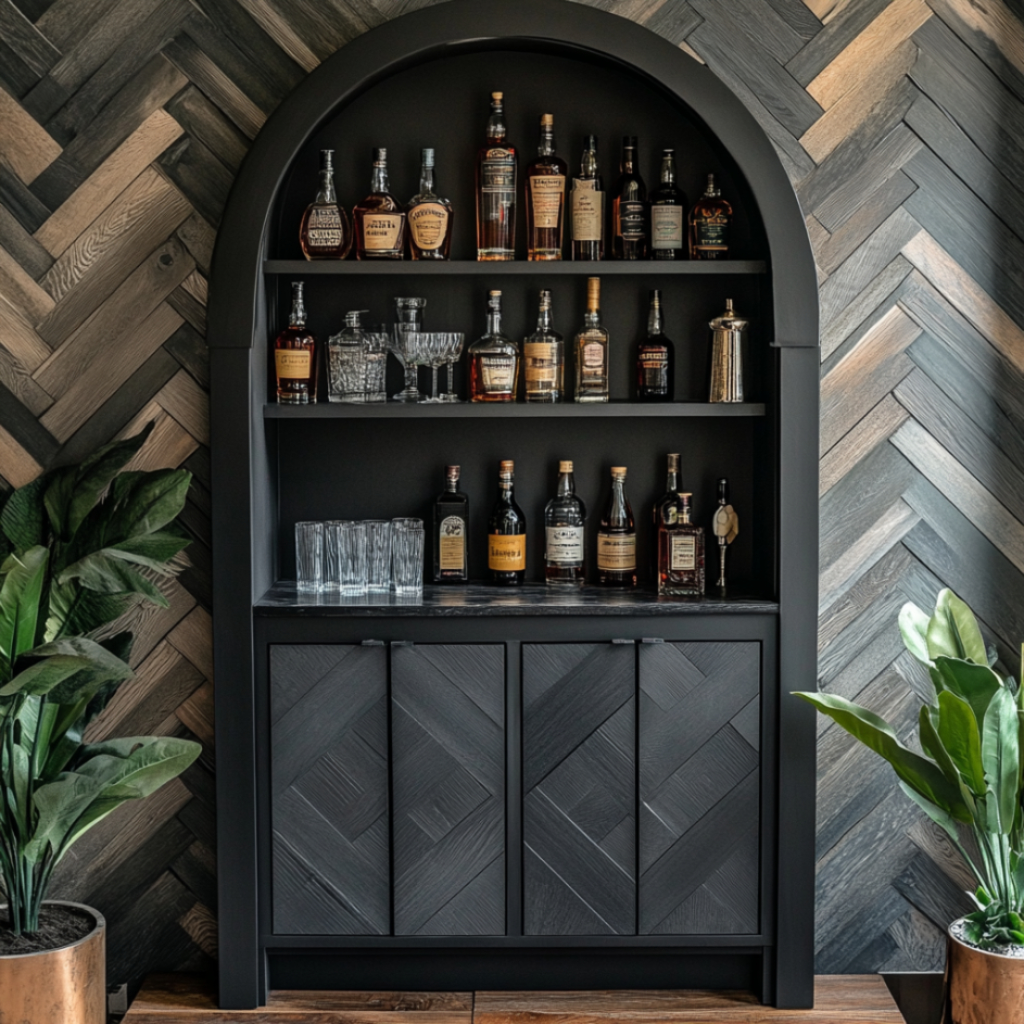 Black Vintage Home Bar Design With Classic Cabinet Storage and Flat ...