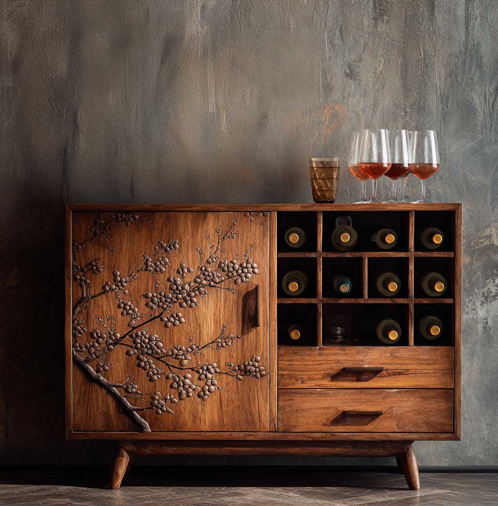 Sandy Fossil Home Bar Design With Wooden Shelves and Warm Finish | Livspace
