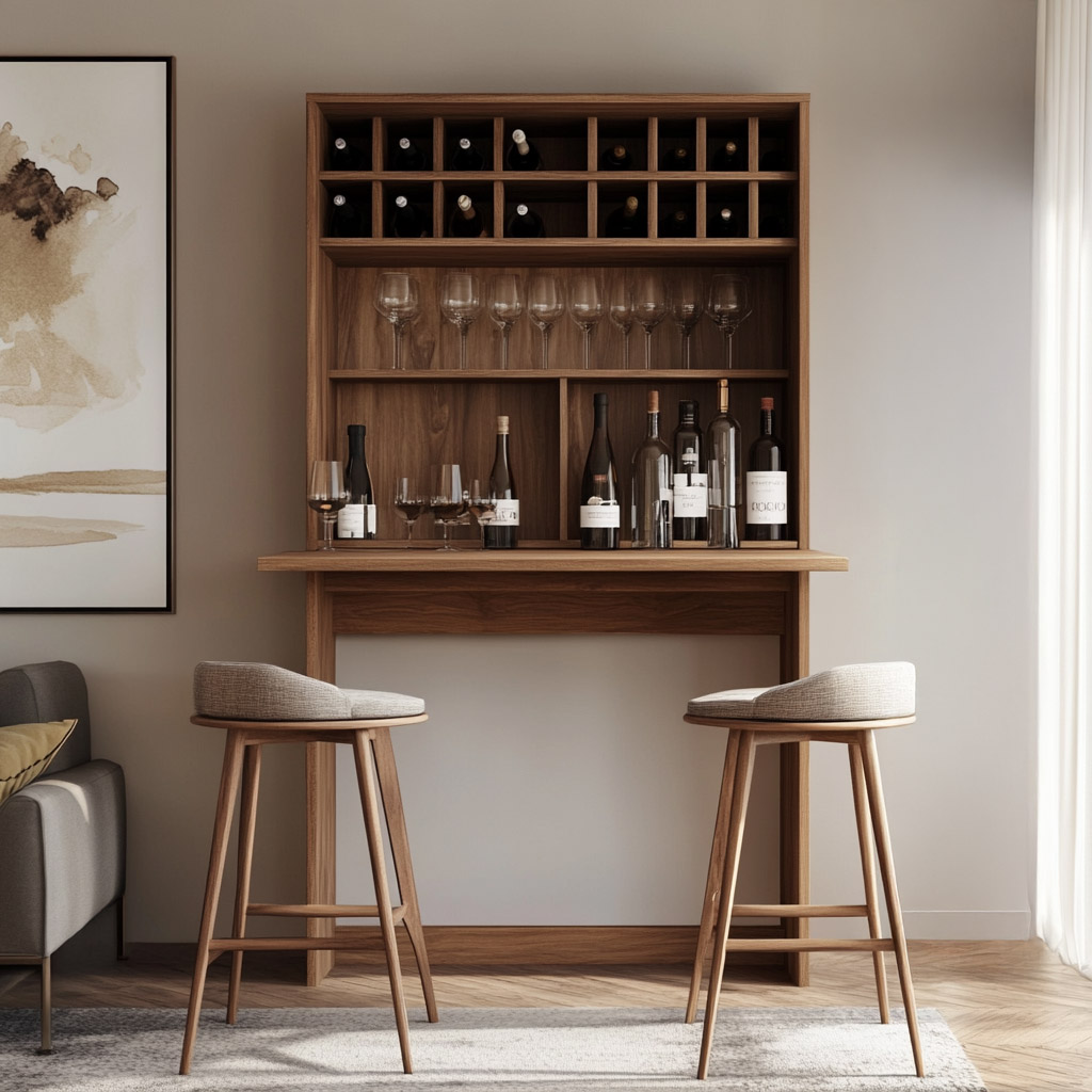 Home Bar in American Walnut with Modern Wall Units with Open Storage ...