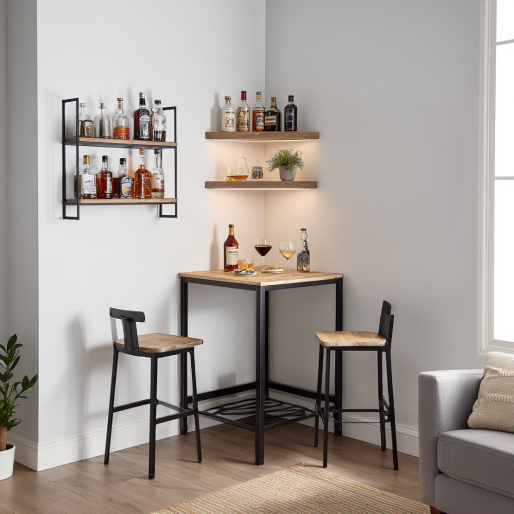Industrial Home Bar Design with Open Shelves and Glass Holder Rack ...