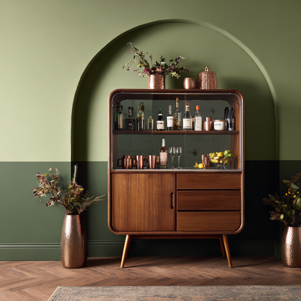 Mid-Century Modern Home Bar Design in Amati with Open Shelves | Livspace