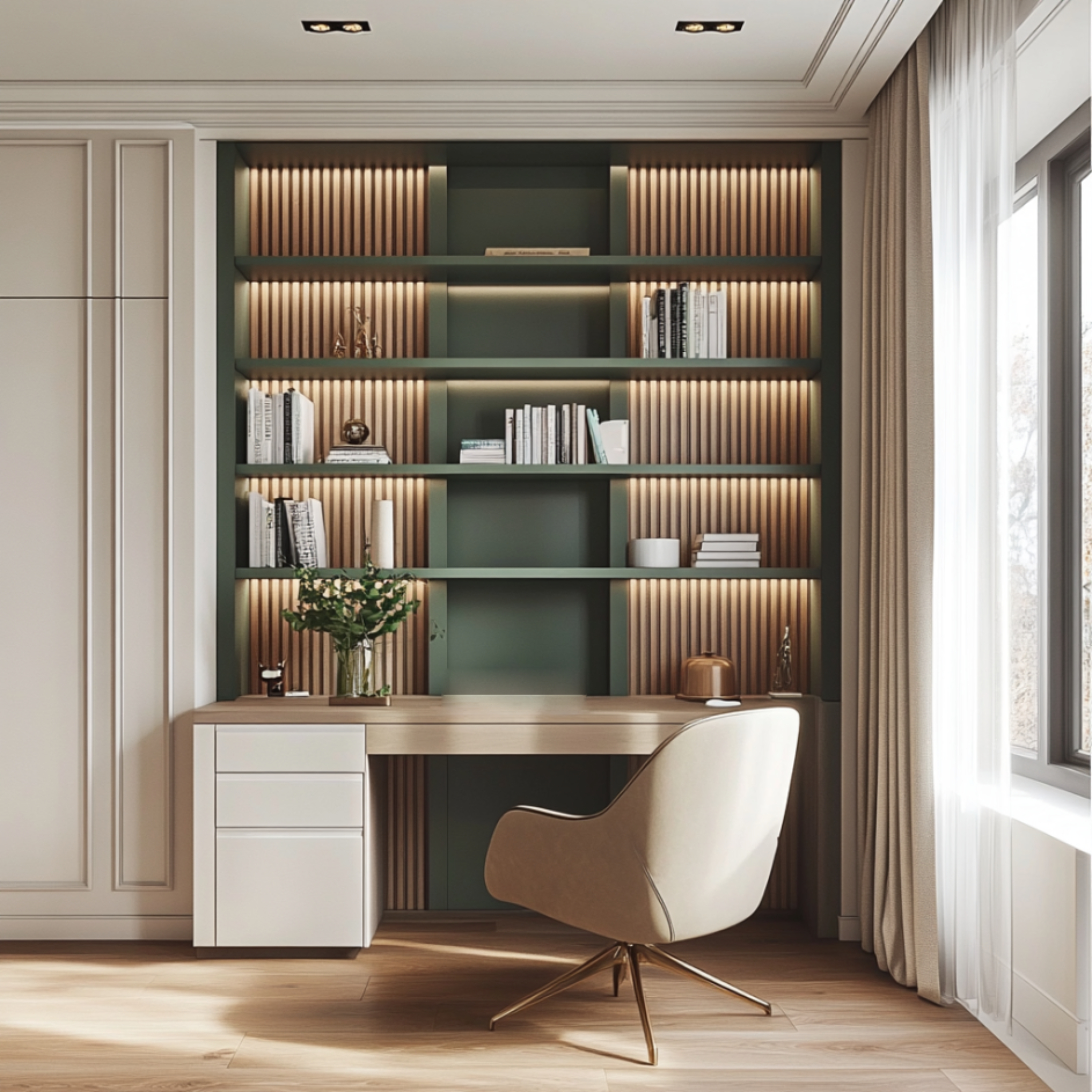 Contemporary Home Office Design in White and Wood With Built-in Storage ...
