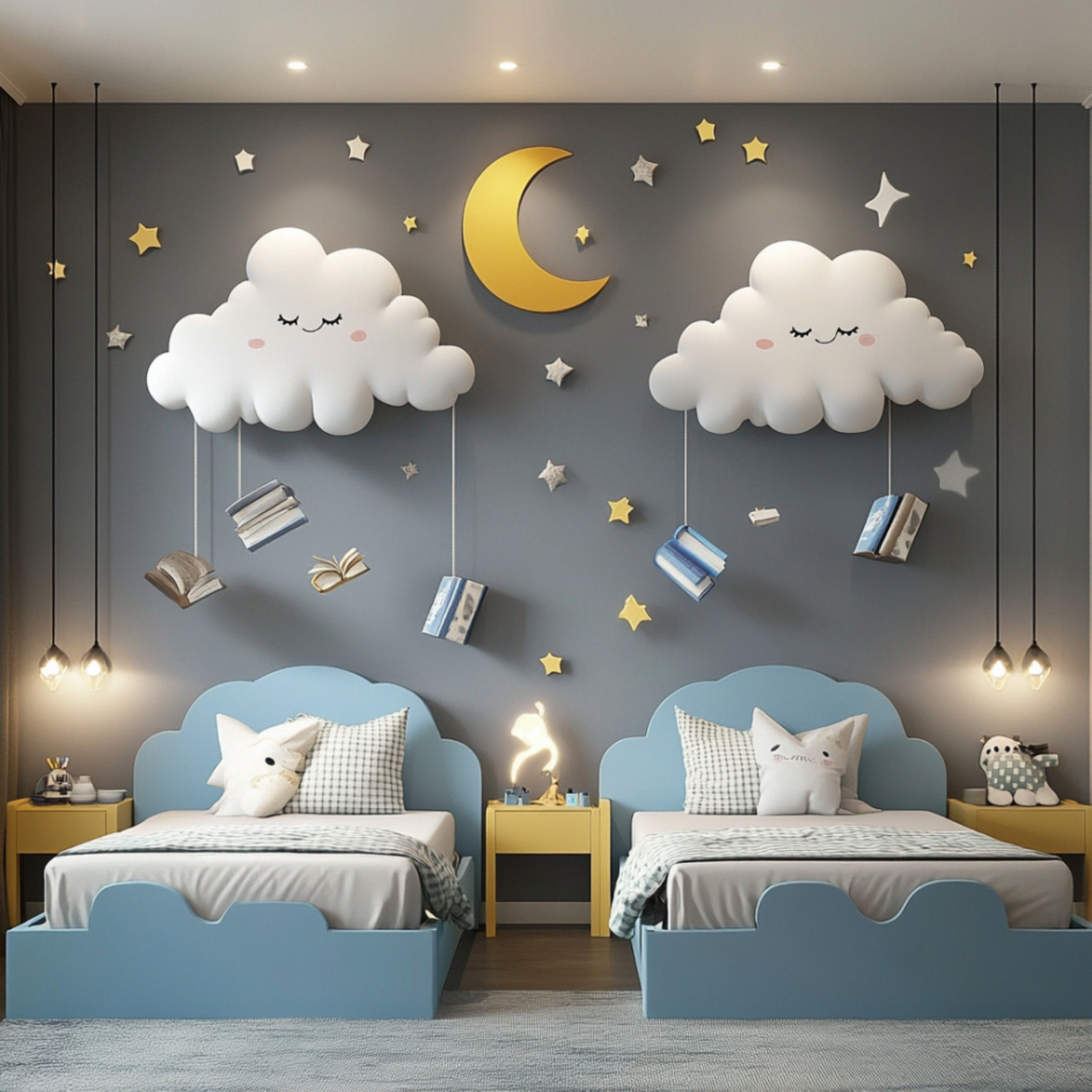 Sky-Blue Modern Kids Bedroom Design with Fluffy Cloud Beds and Built-in ...