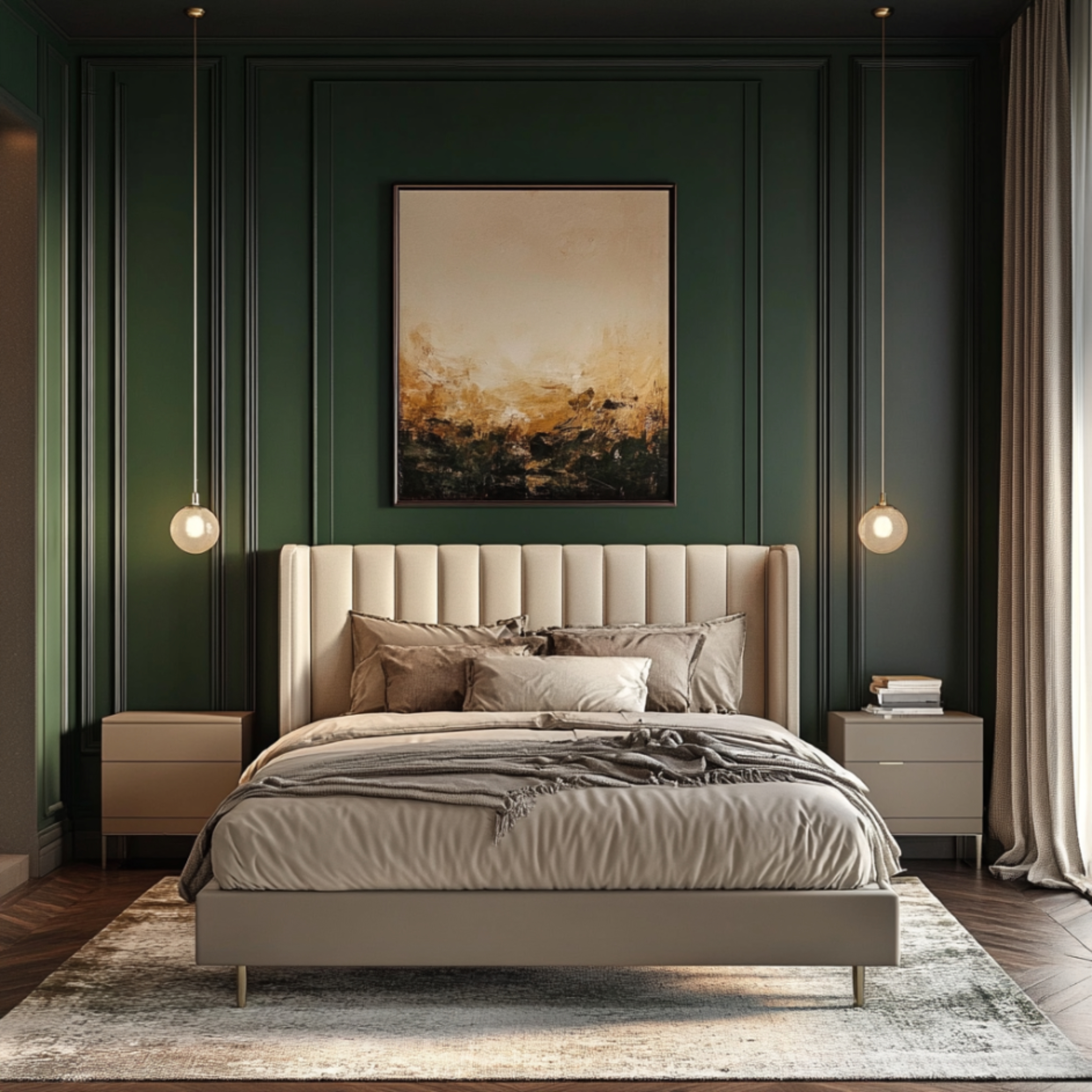 Master Bedroom Design With Modern Beige Upholstered Bed, Wooden Side ...