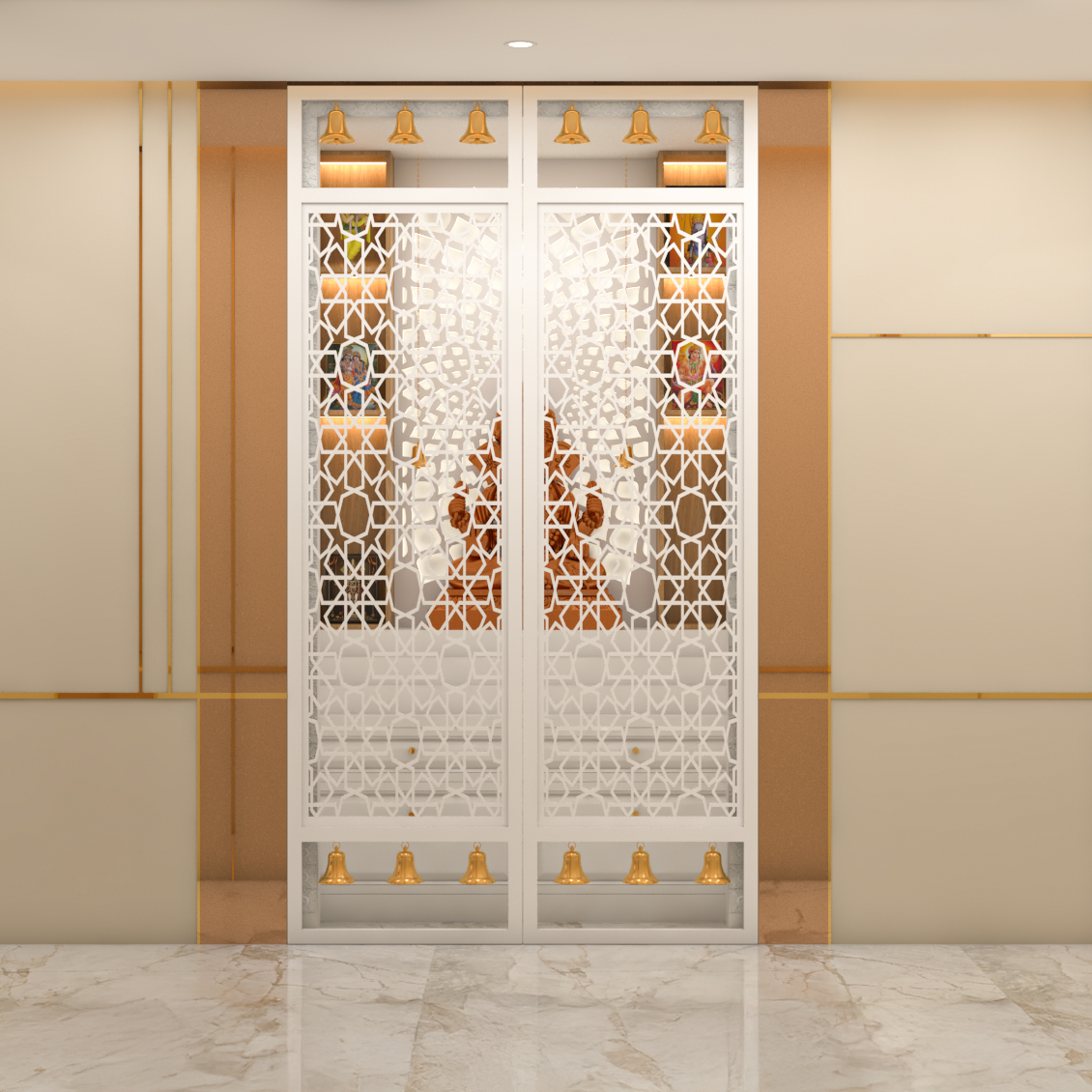 FloorMounted Modern Pooja Room Design With Intricate Panel Detailing