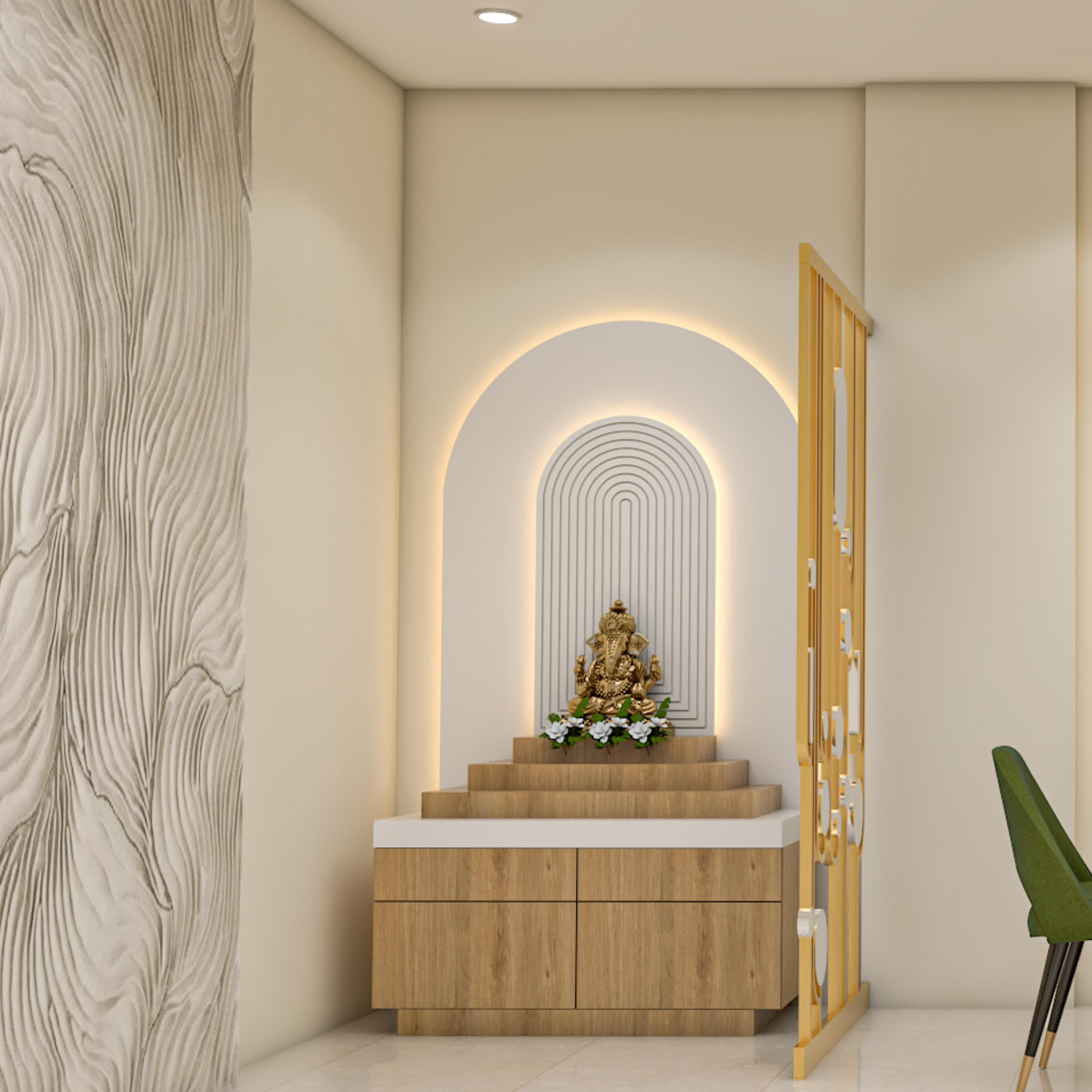 Modern Floor-Mounted Pooja Unit Design in White and Teak with Arch ...