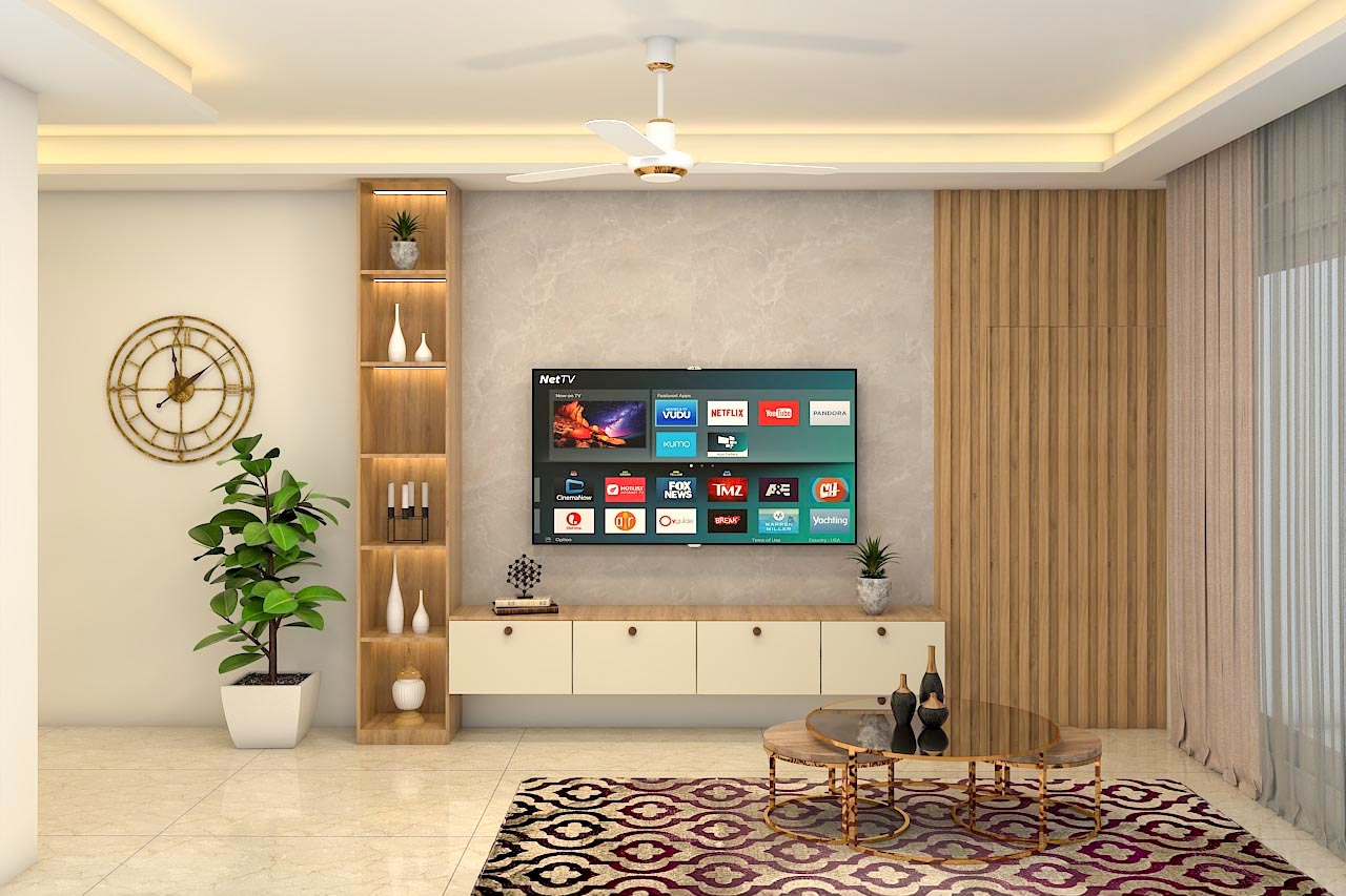 Contemporary TV Unit Design with Marble Accent Wall | Livspace