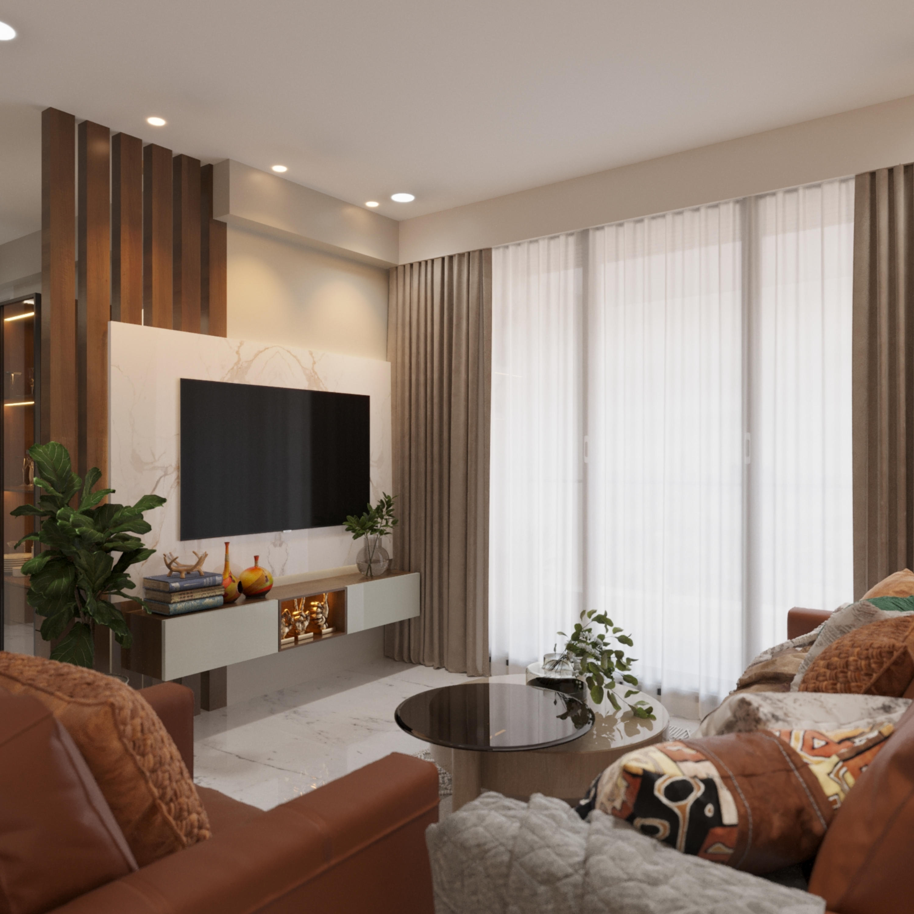 Modern TV Unit Design with Hidden Drawers and Marble Accent | Livspace