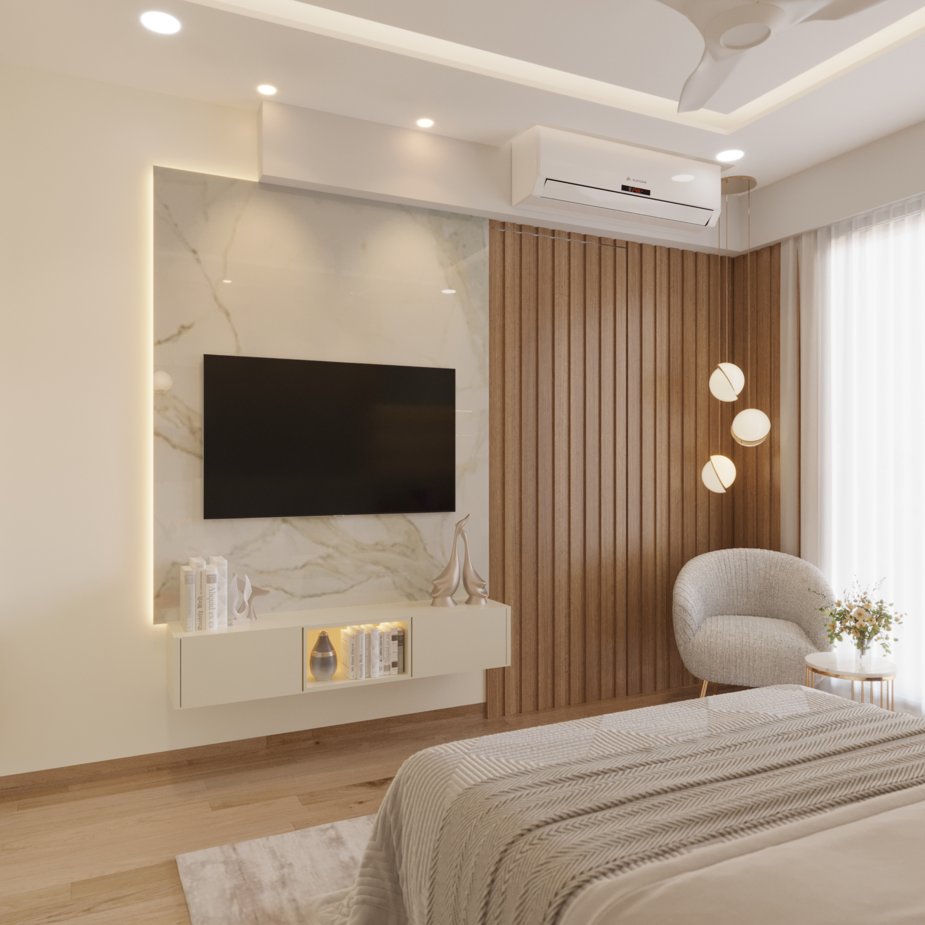 Modern White TV Unit Design with Open and Closed Shelves | Livspace