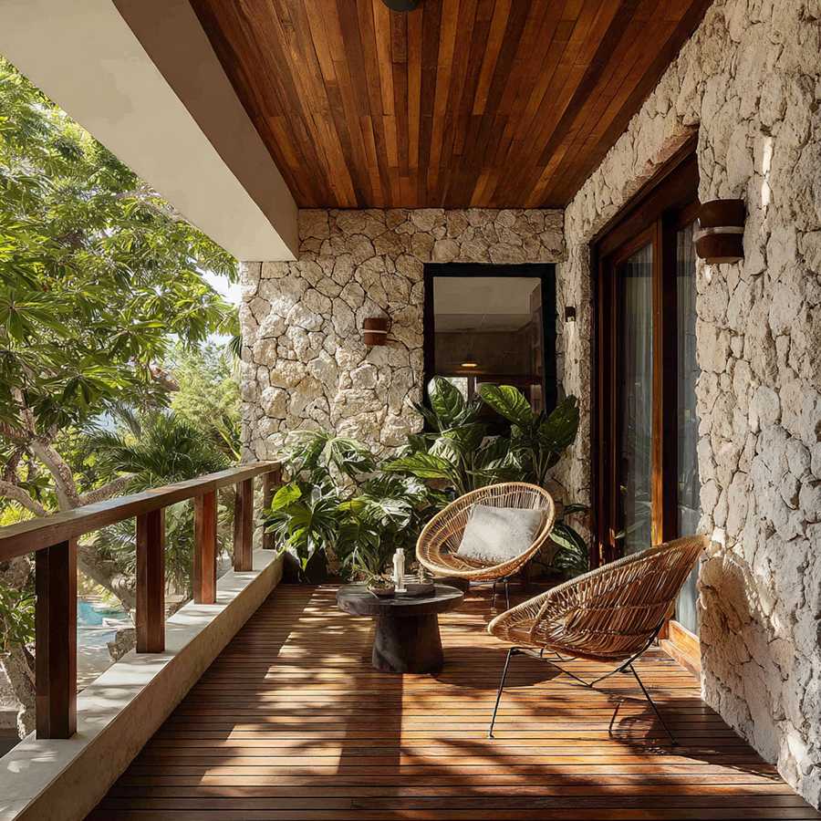 Traditional Balcony Design with Textured Stone Wall and Wicker Lounge ...