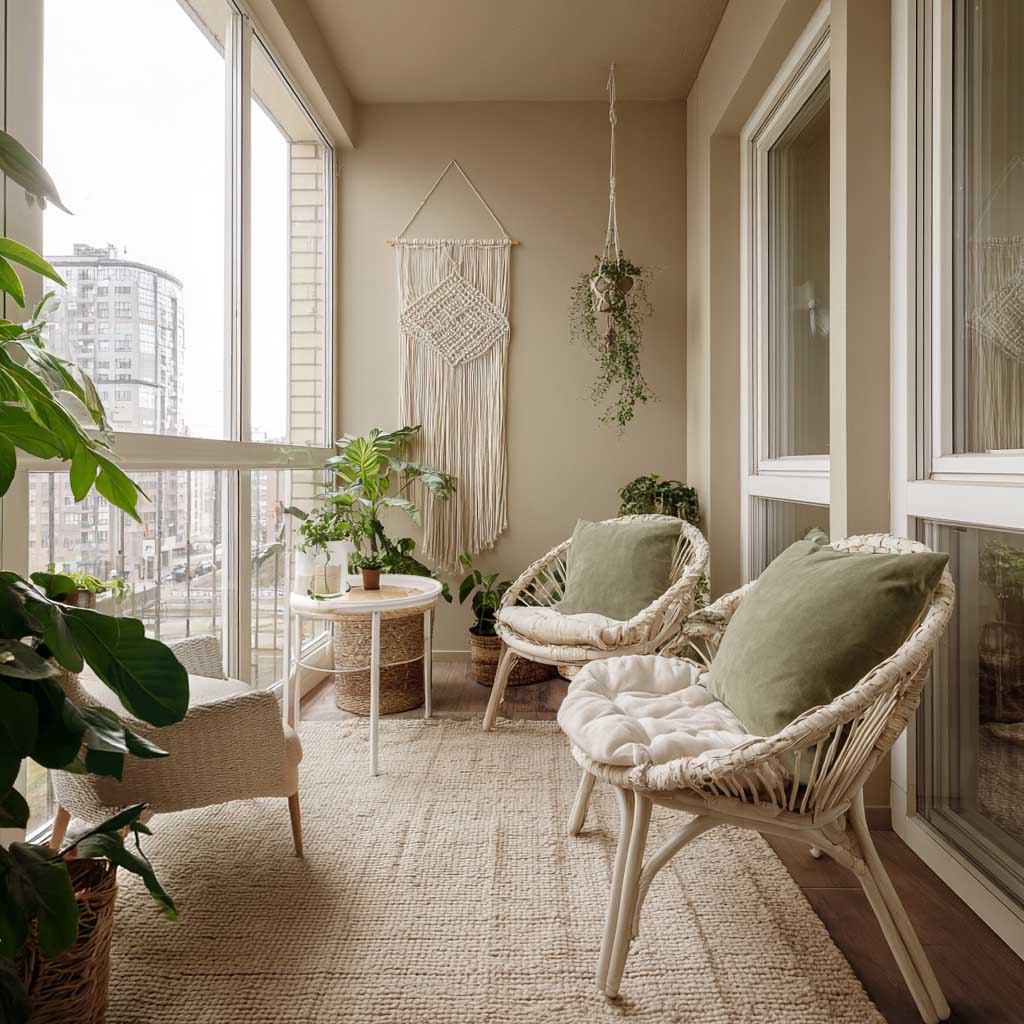 Modern Balcony Design with Beige Walls, Organic Textures and Bohemian ...