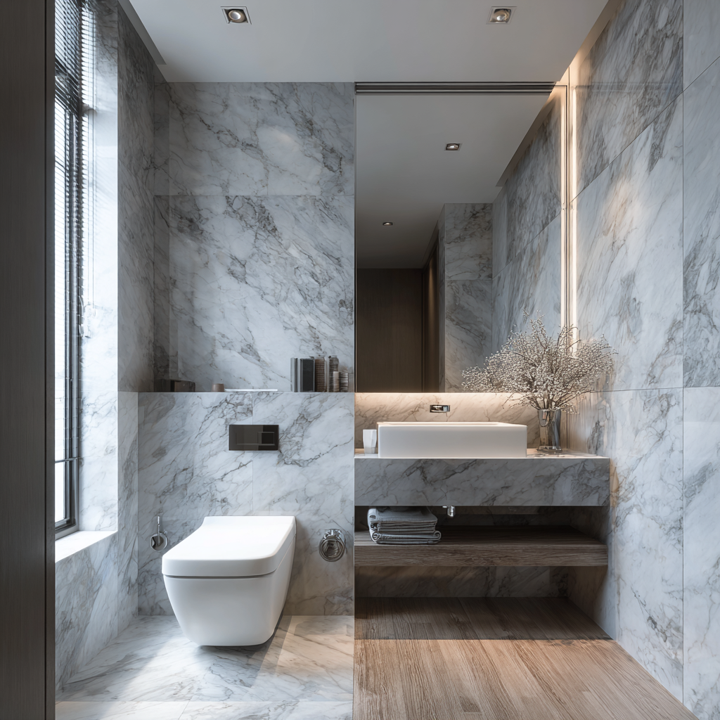 Modern Bathroom Design with White Floating Vanity, Marble Walls and ...