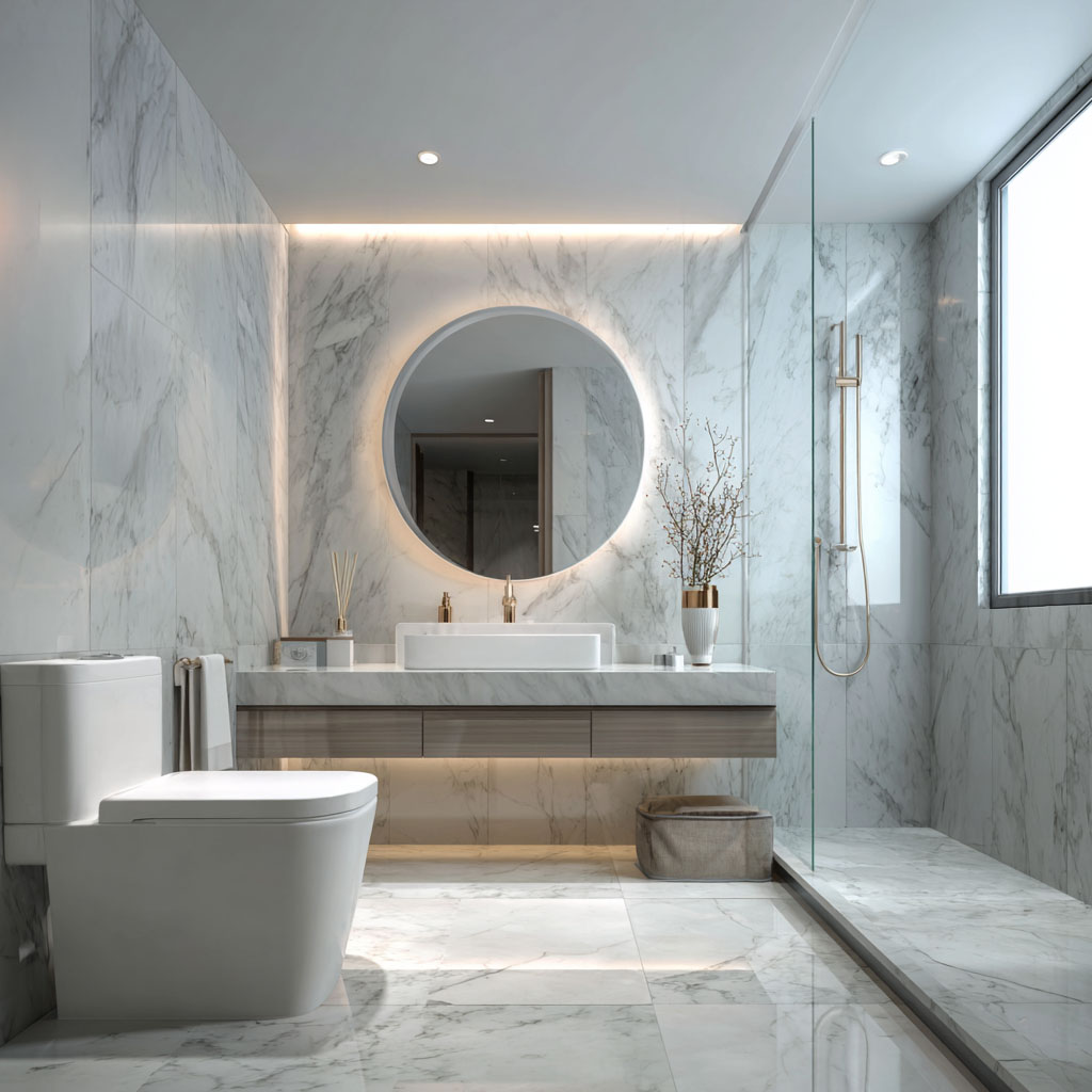 Modern Bathroom Design With Marble Walls And Round Mirror | Livspace