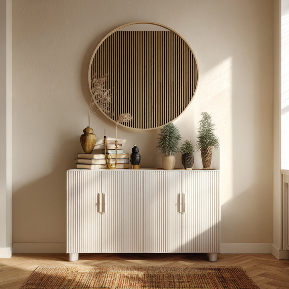 White Contemporary Foyer Design with Concealed Two-Door Storage | Livspace