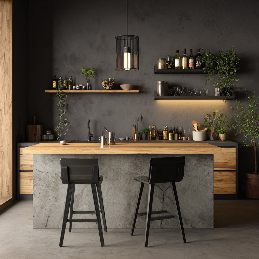 Modern Home Bar Design with LED Underlighting and Two-Level Open ...