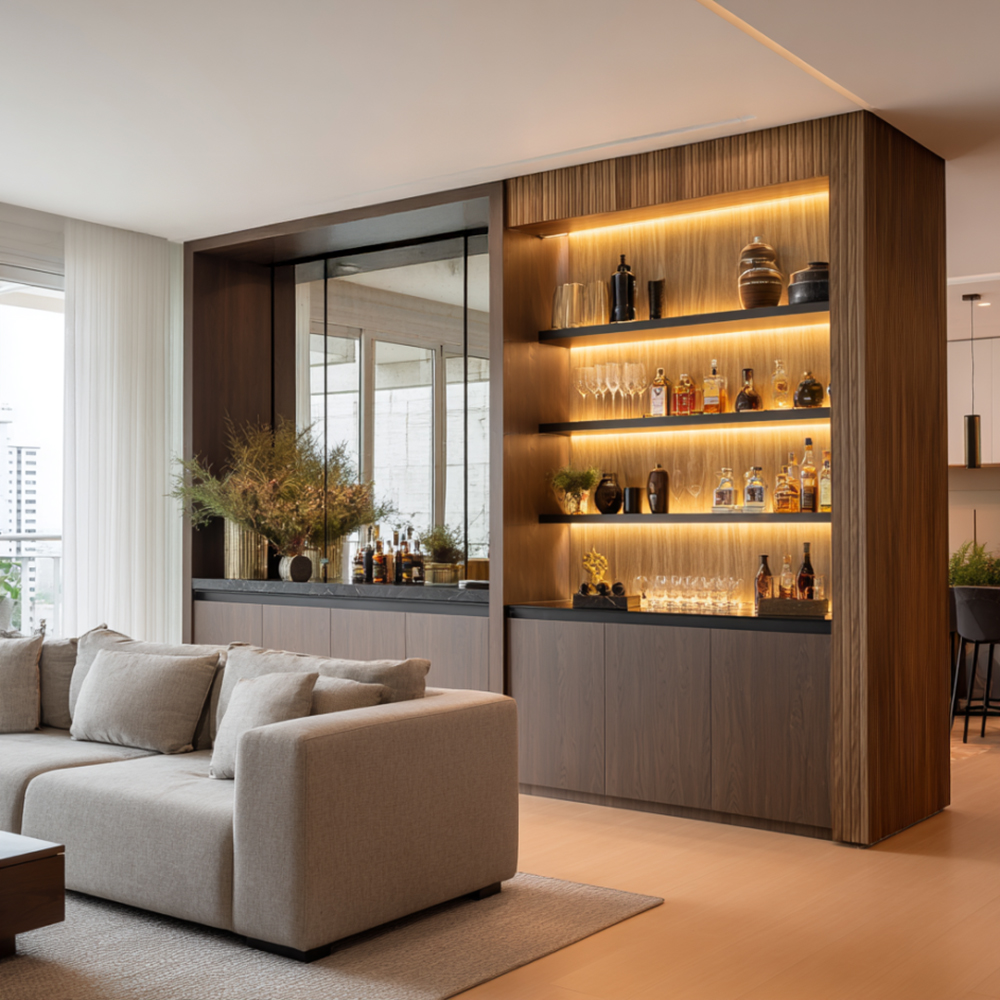 Minimal Home Bar Design With Backlit Shelving and Hidden Storage | Livspace